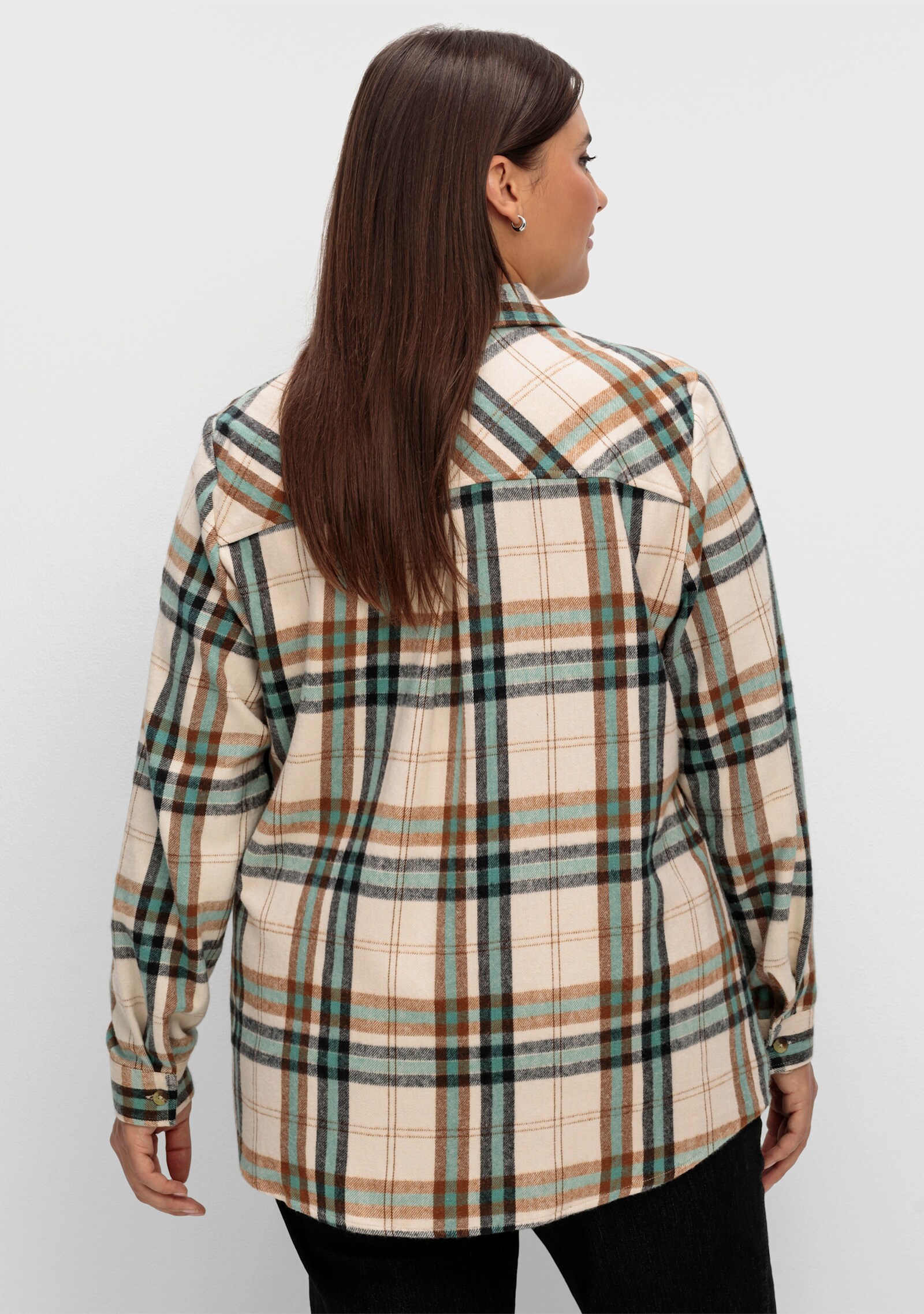 Flanellbluse mit mehrfarbigem Webkaro - jade-elfenbein-kariert