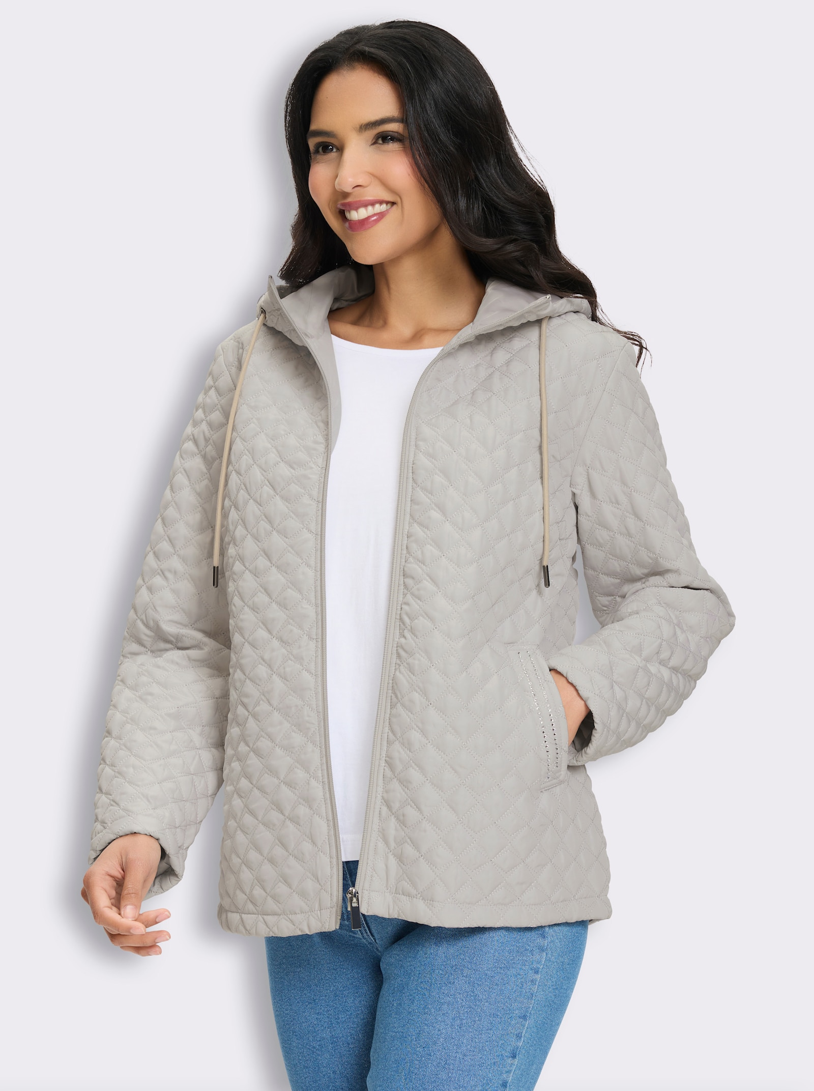 Steppjacke mit Ziersteinchen - hellgrau