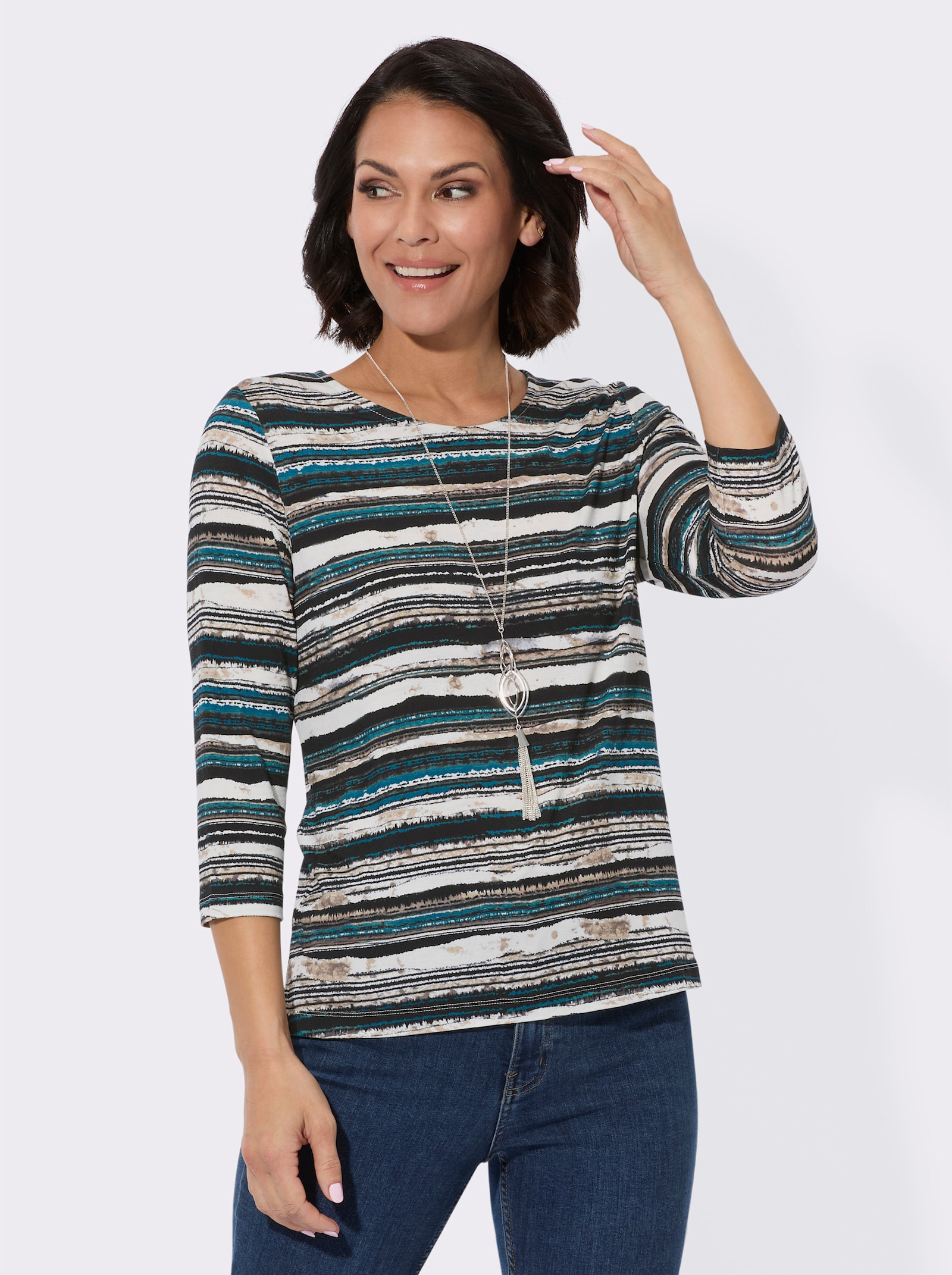 Shirt met ronde hals en 3/4-mouwen - jade/beige bedrukt