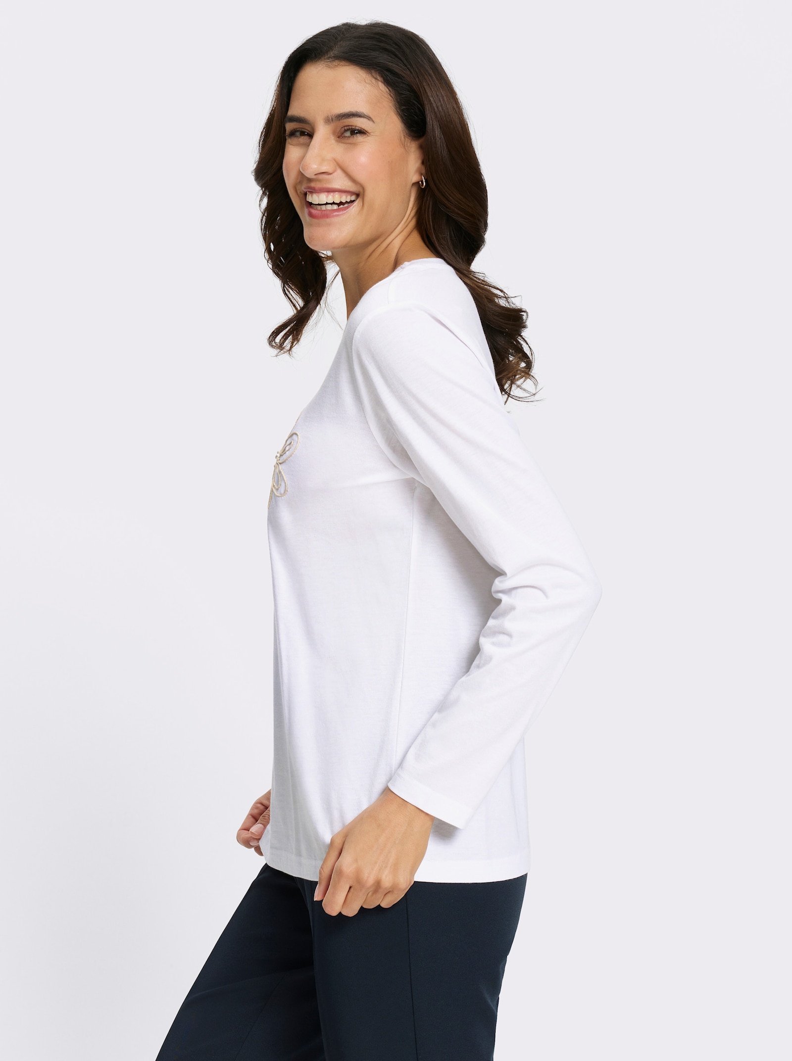 Langarmshirt mit Kordelstickerei und Zierperlen - ecru