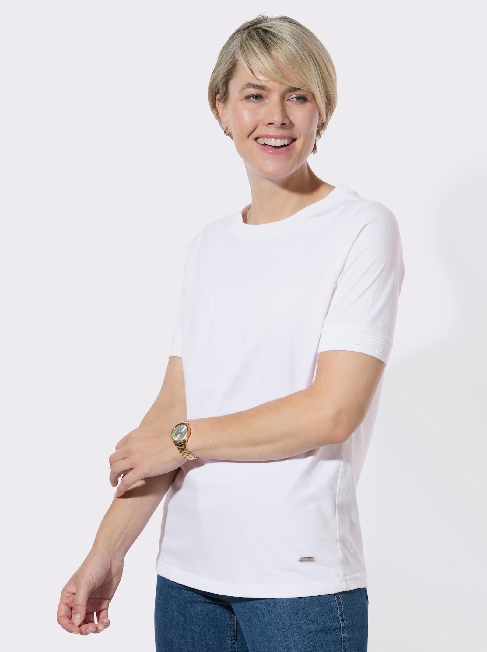 Rundhalsshirt mit Ajourmuster an Kragen und Ärmeln - weiß