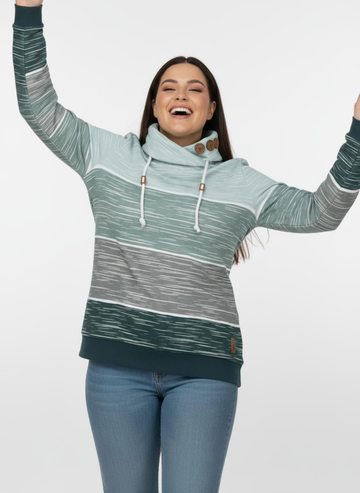 Sweatshirt mit Zierknöpfen am Kragen - petrol-kalkmint-bedruckt