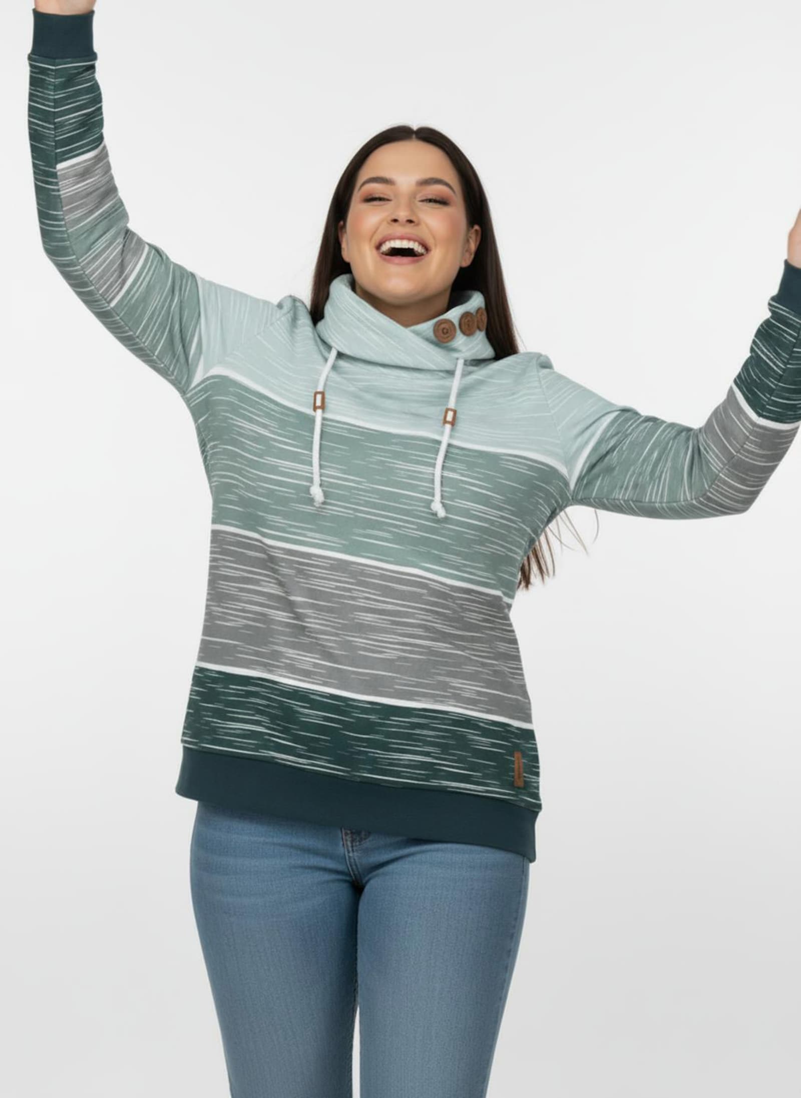 Sweatshirt mit Zierknöpfen am Kragen - petrol-kalkmint-bedruckt