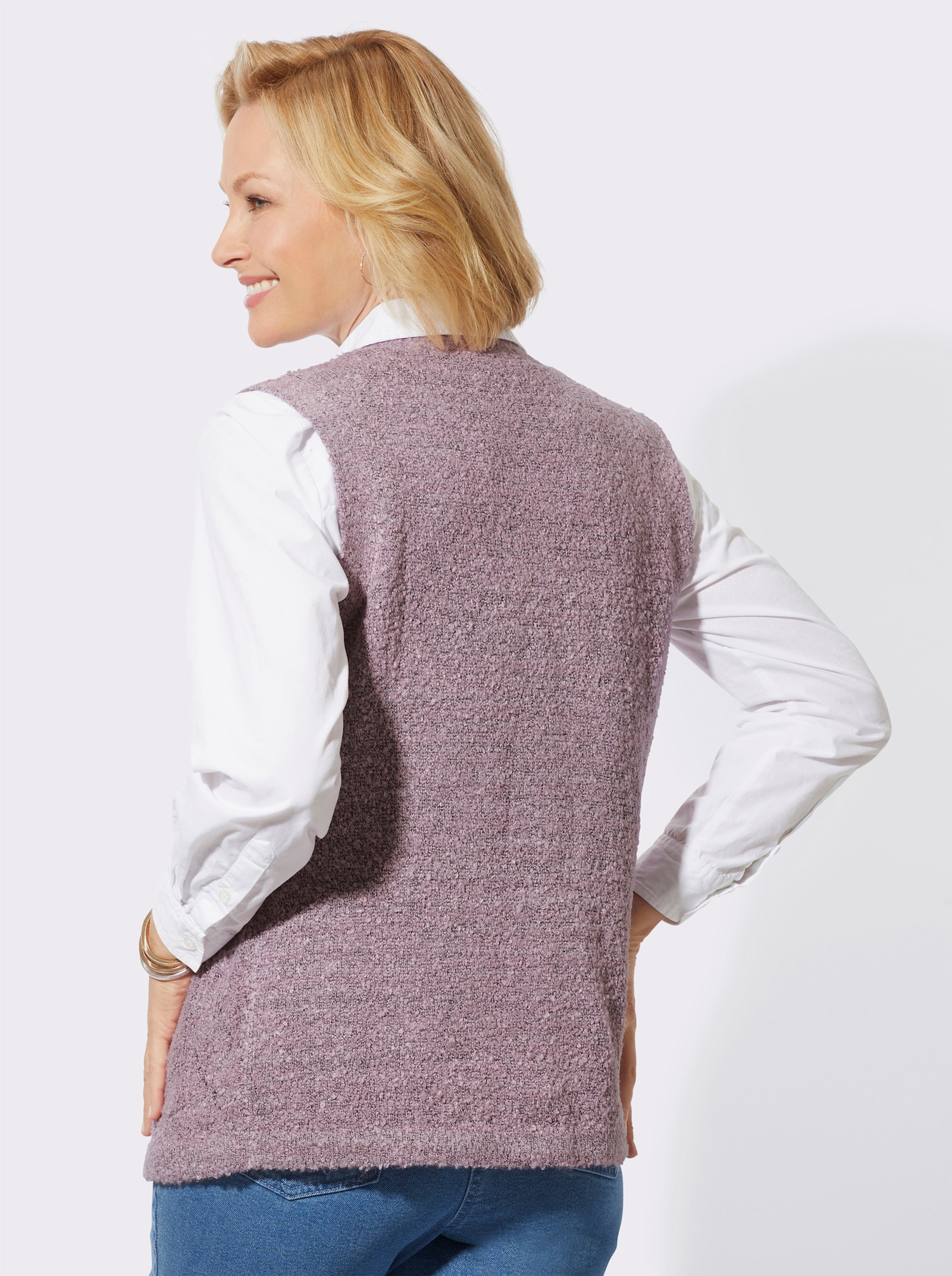 Mouwloos vest in bouclékwaliteit - mauve gemêleerd