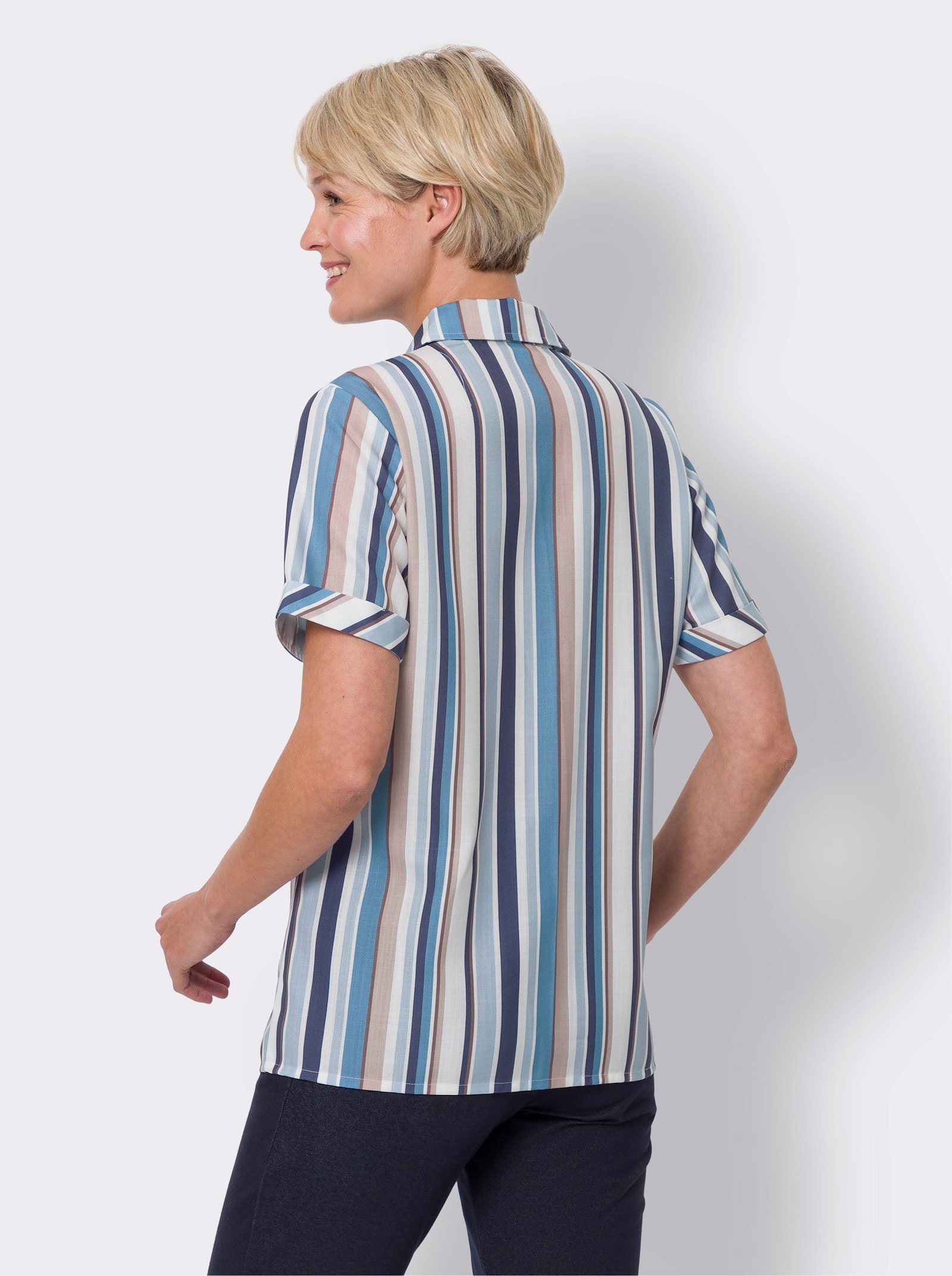 Skjorta i linnelook - choklad-mellanblå-randig