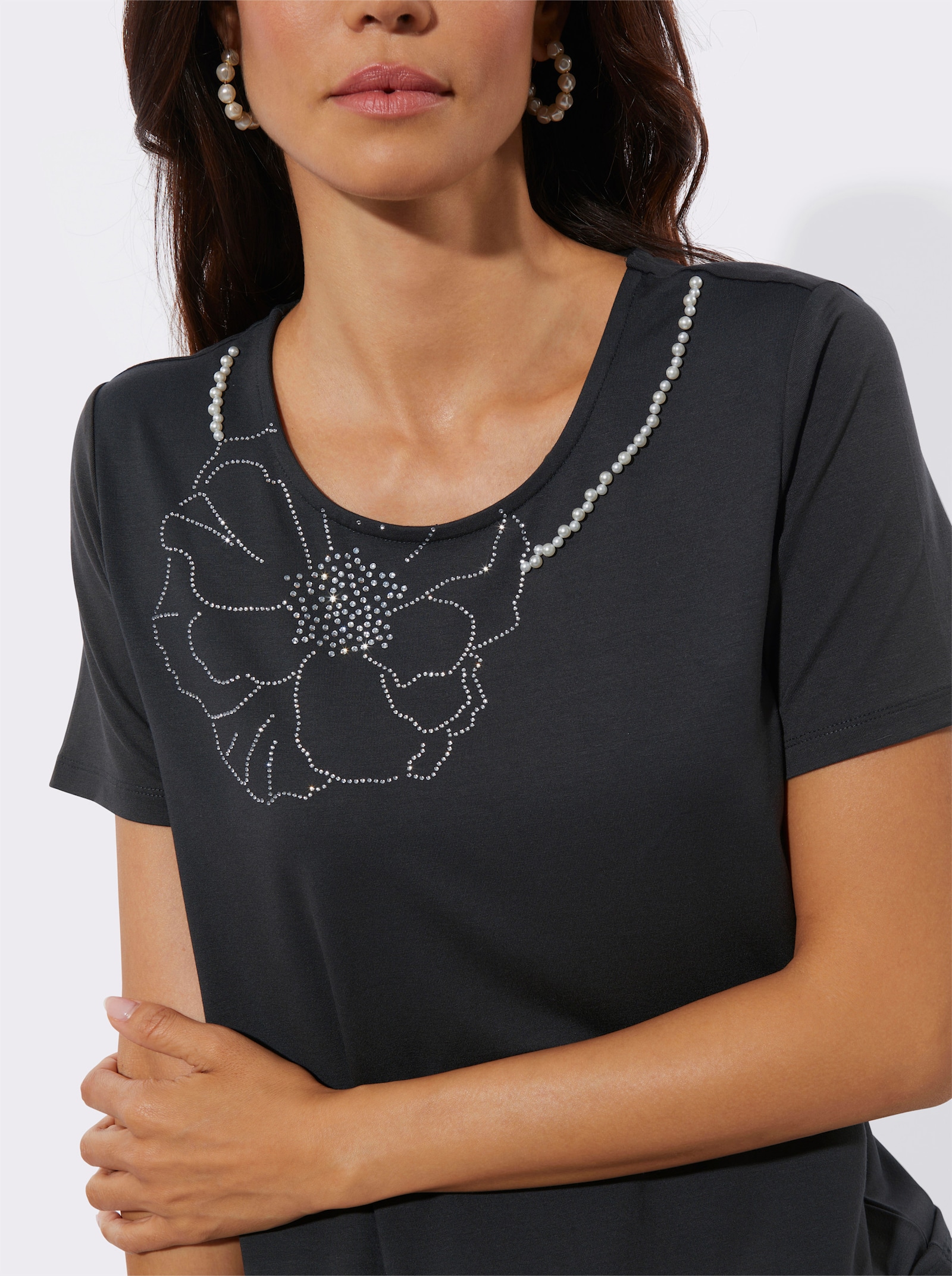 Kurzarmshirt mit Blüten-Applikation - graphit