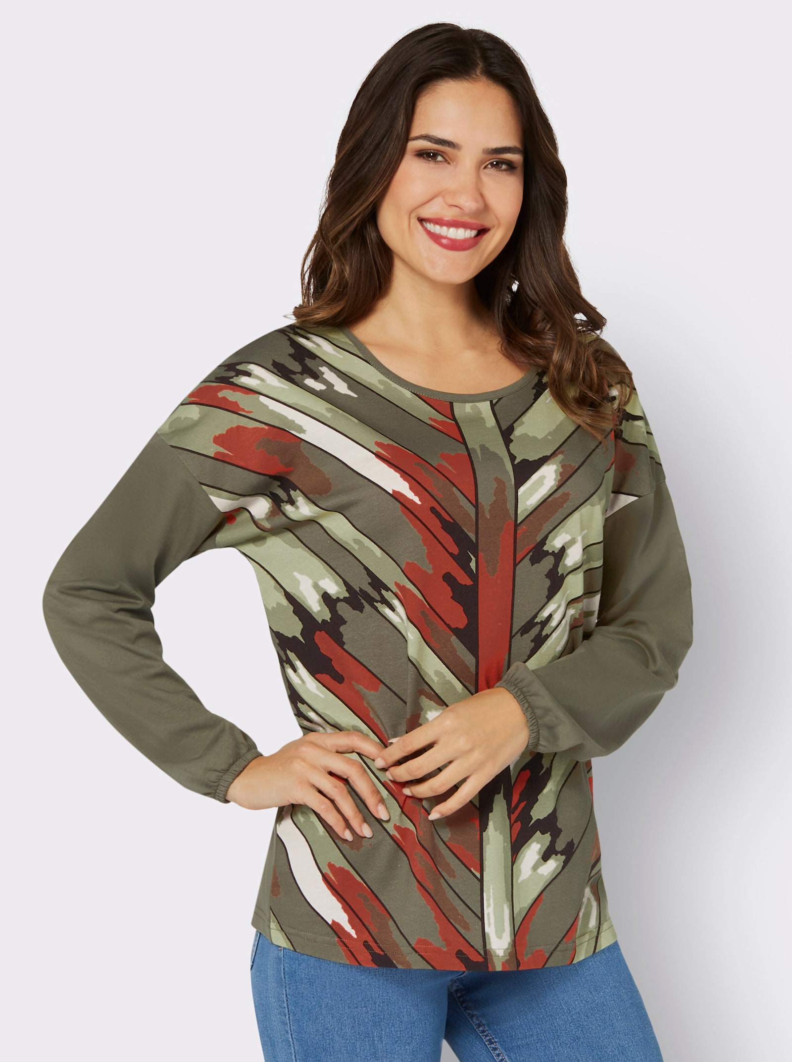 Langarmshirt mit Druck im Vorderteil - khaki-rostrot-bedruckt