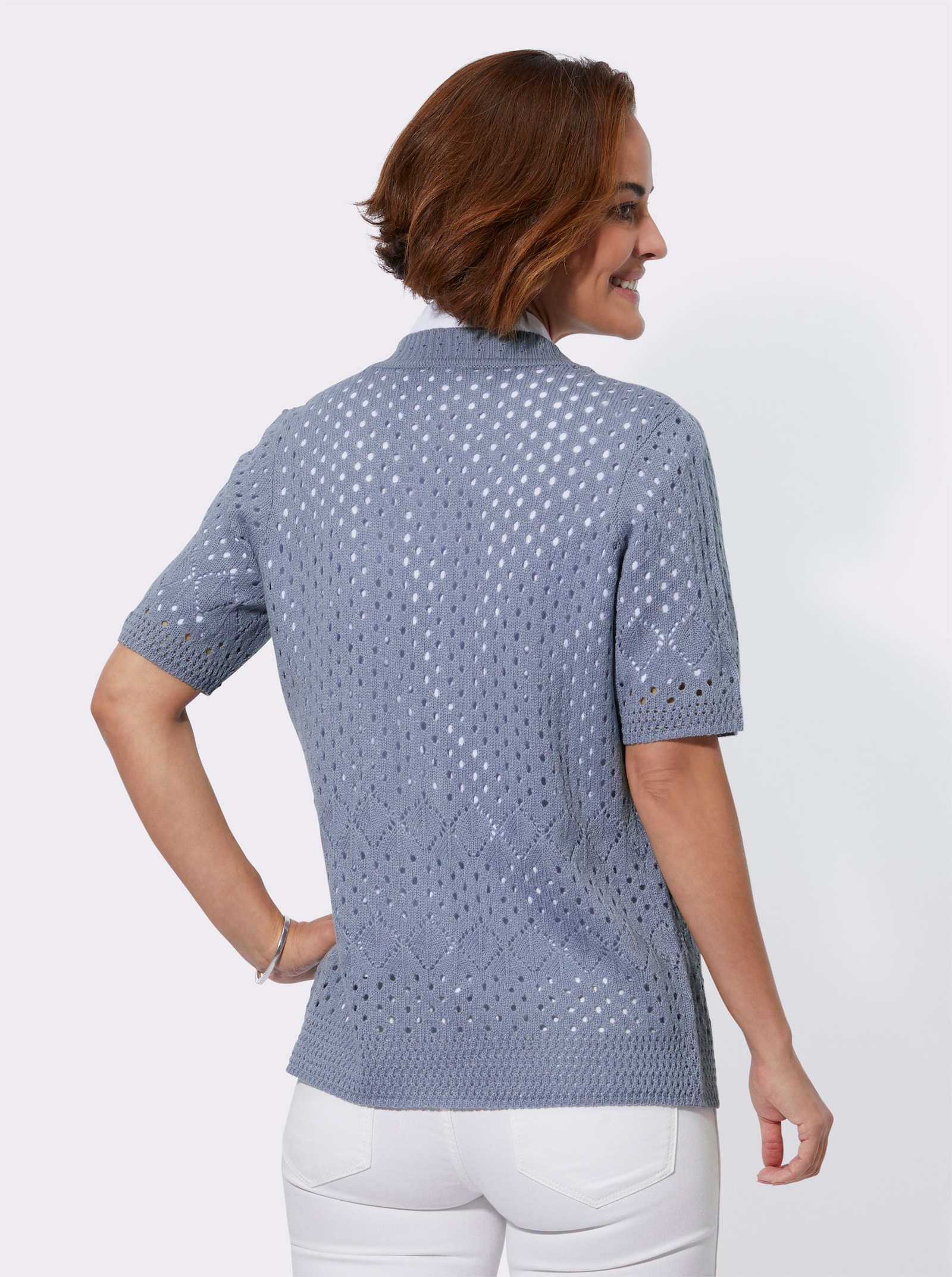 Ajourstrickjacke in pflegeleichter Qualität - taubenblau