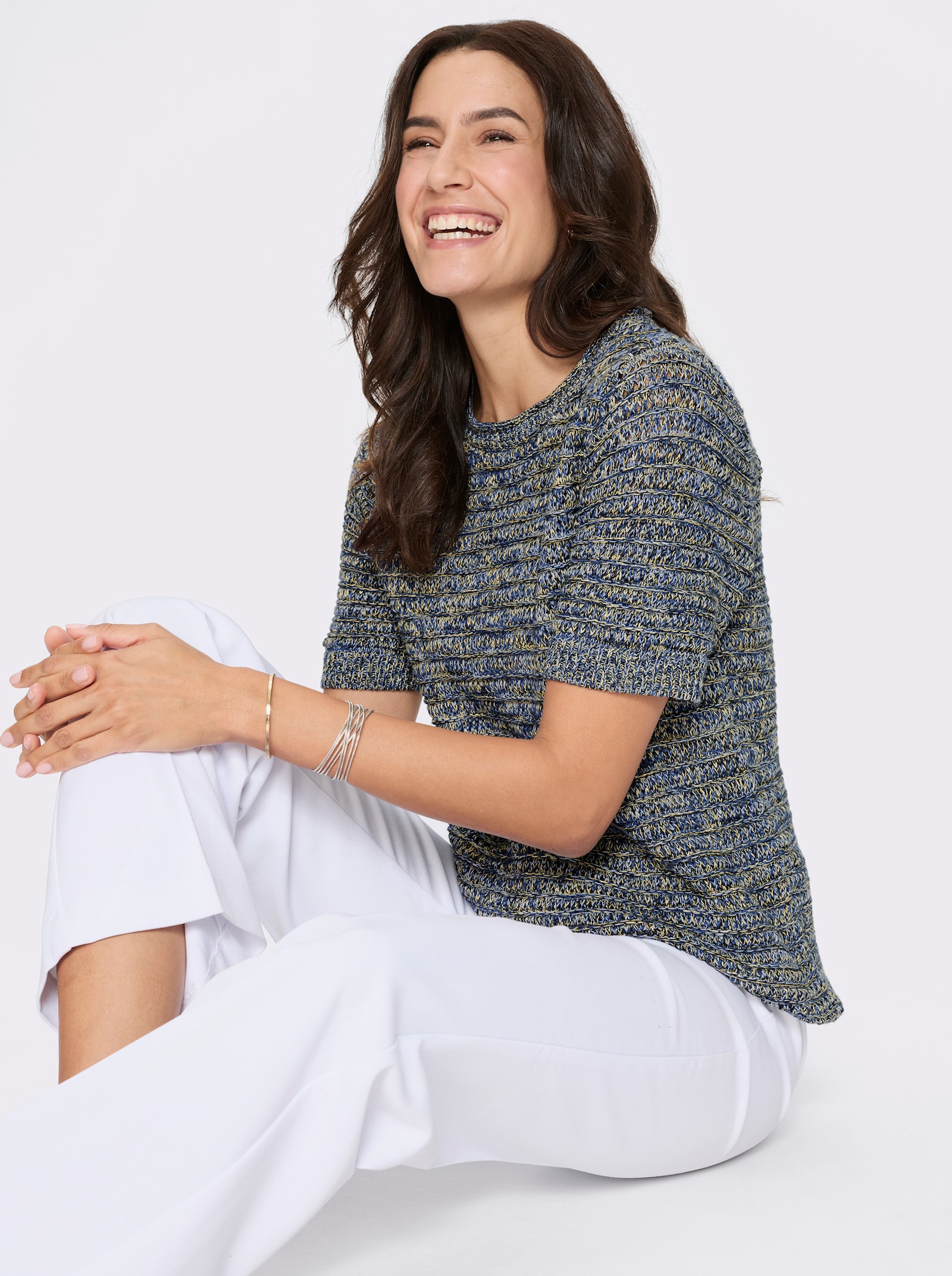 Baumwollpullover aus Melange-Garn - jeansblau-schwarz-gemustert