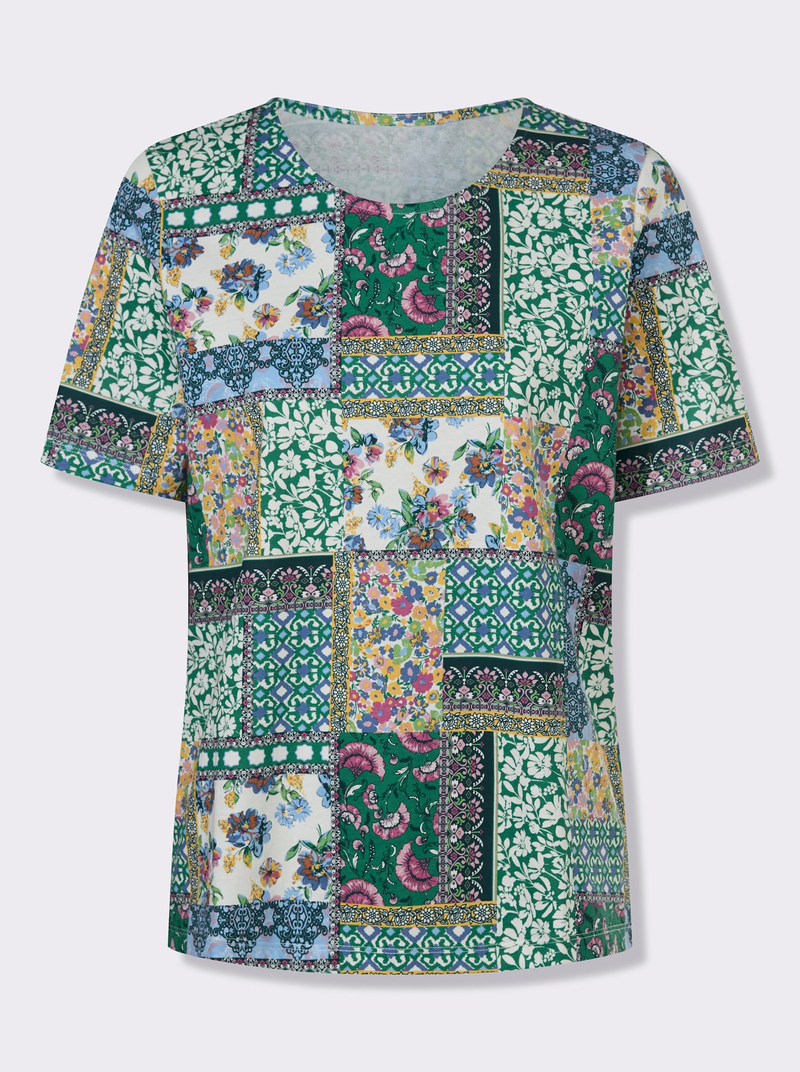 Kurzarmshirt in Patch-Optik - ecru-grün-bedruckt