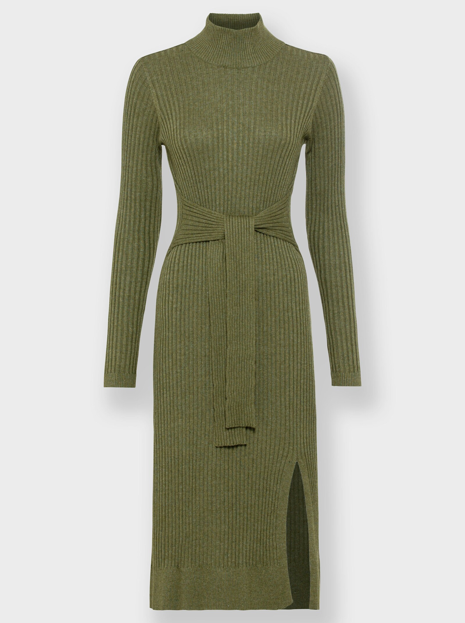 heine Strickkleid mit fixiertem Bindegürtel - oliv-champagner-meliert
