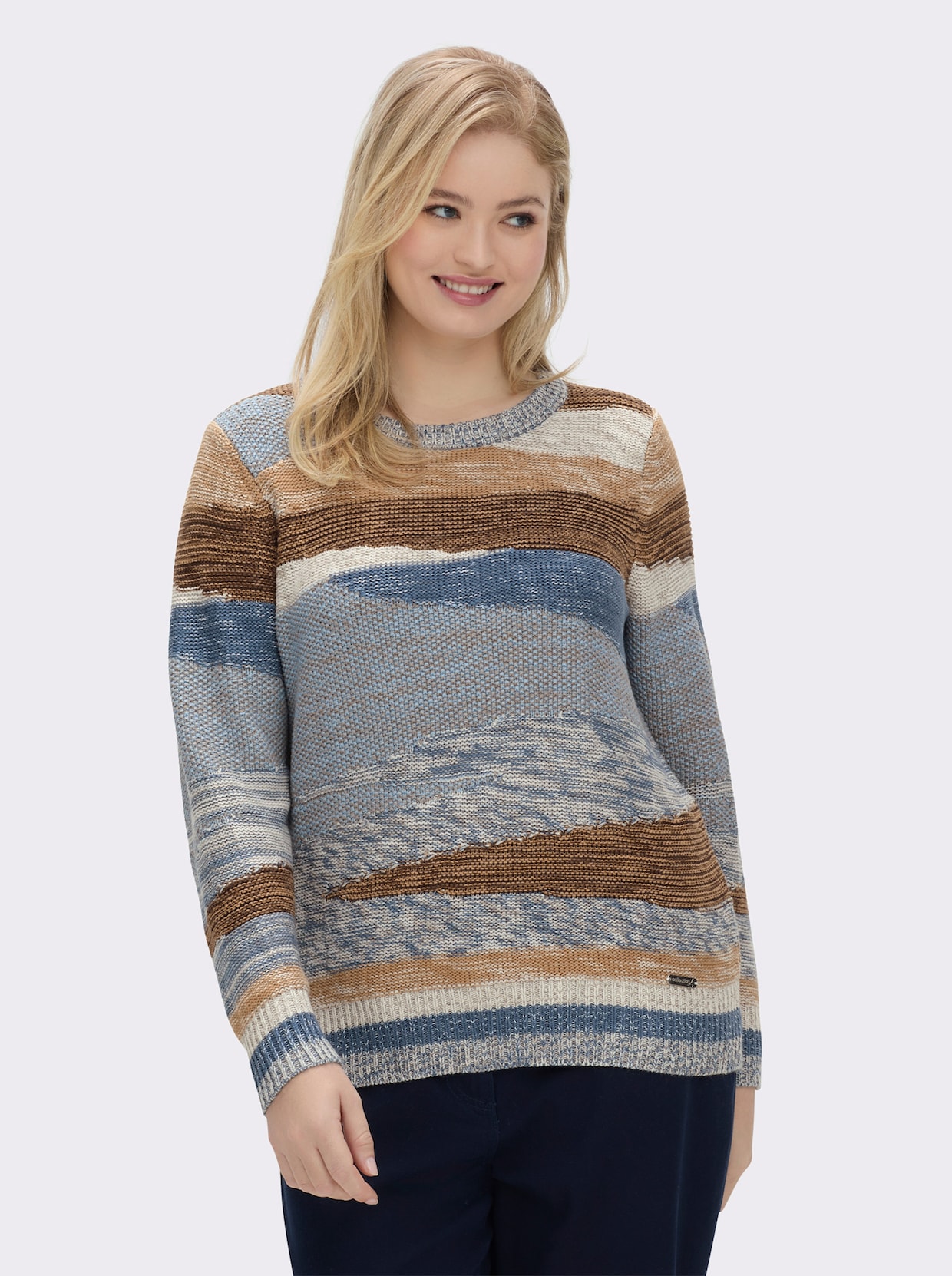 Strickpullover mit farbigen Rippbündchen - jeansblau-taupe-gemustert