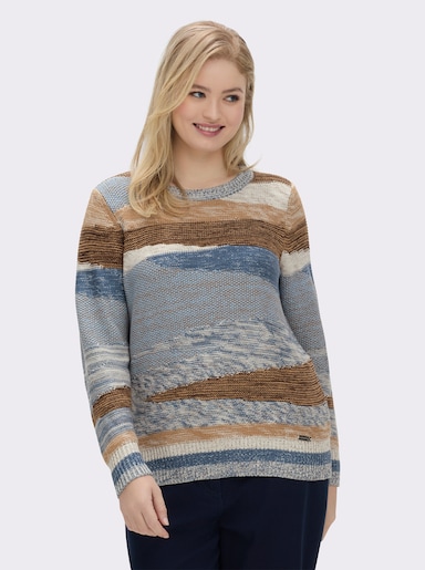 Strickpullover mit farbigen Rippbündchen - jeansblau-taupe-gemustert