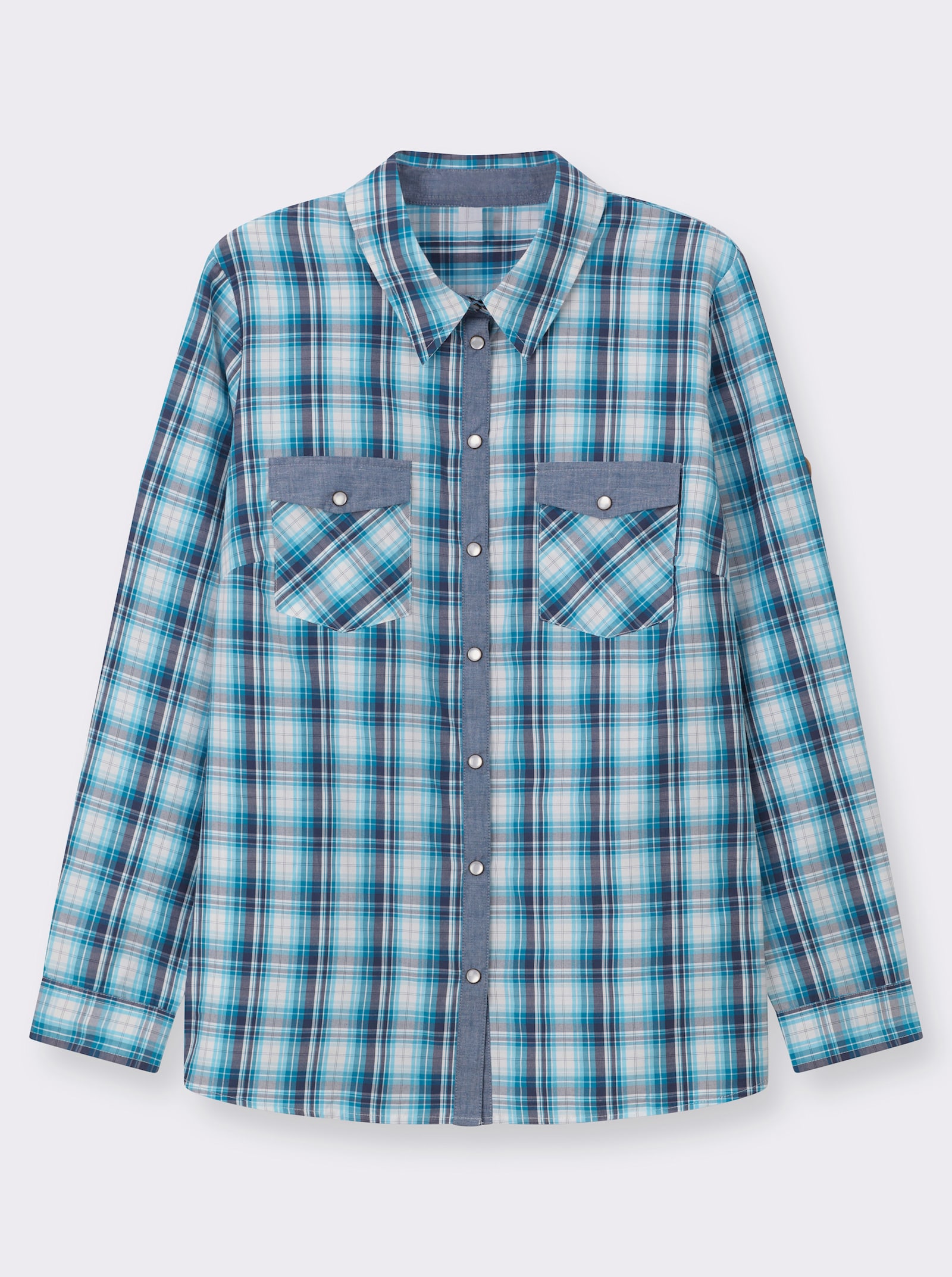 Karobluse mit aufgesetzten Brusttaschen - türkis-weiß-kariert
