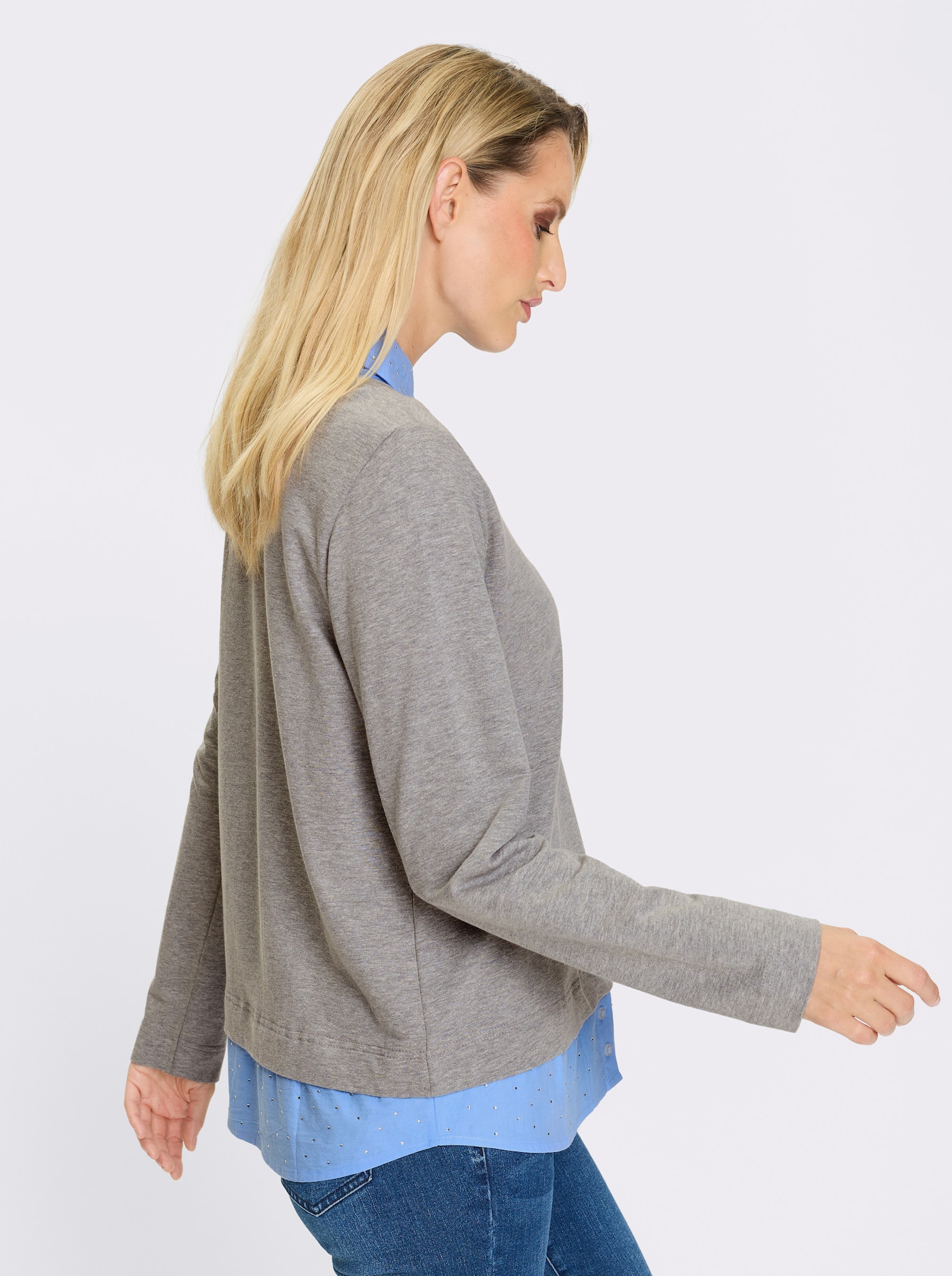 heine Sweatshirt mit Bluseneinsatz - grau-himmelblau-meliert