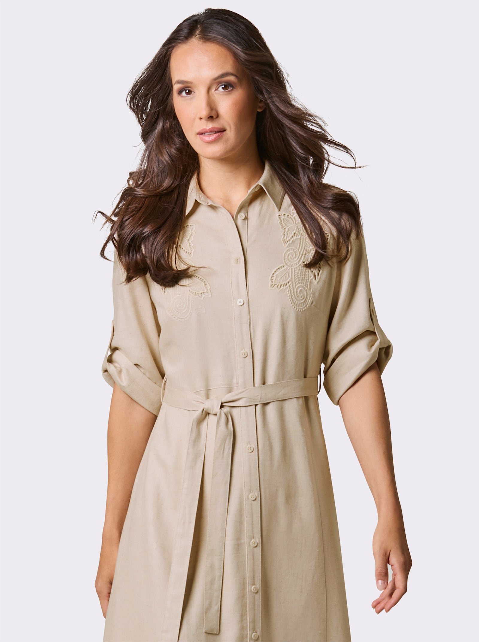 CREATION L PREMIUM Hemdblusenkleid mit Bindegürtel - sand-meliert