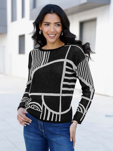 Jacquardpullover mit überschnittenen Schultern - schwarz-ecru-gemustert