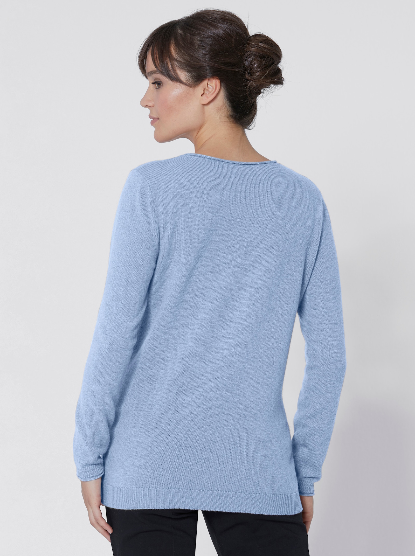 Pullover van kasjmier met rolranden - blauw gemêleerd