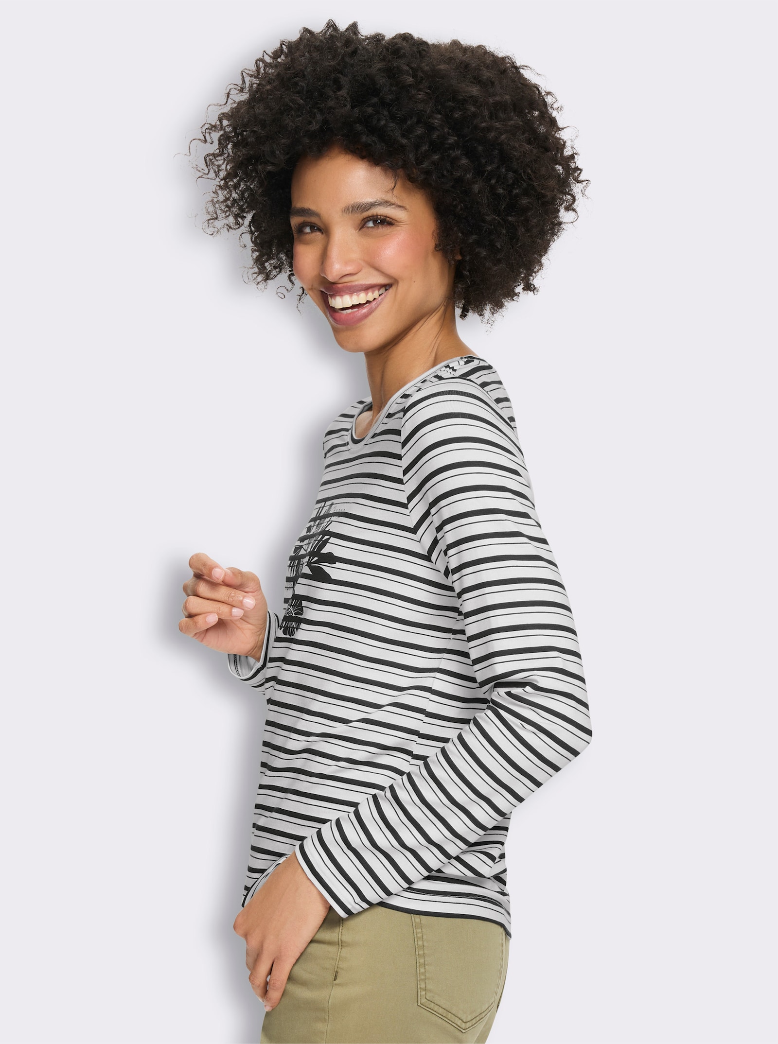 heine Langarmshirt mit Ringel- und Blüten-Print - schwarz-ecru-geringelt
