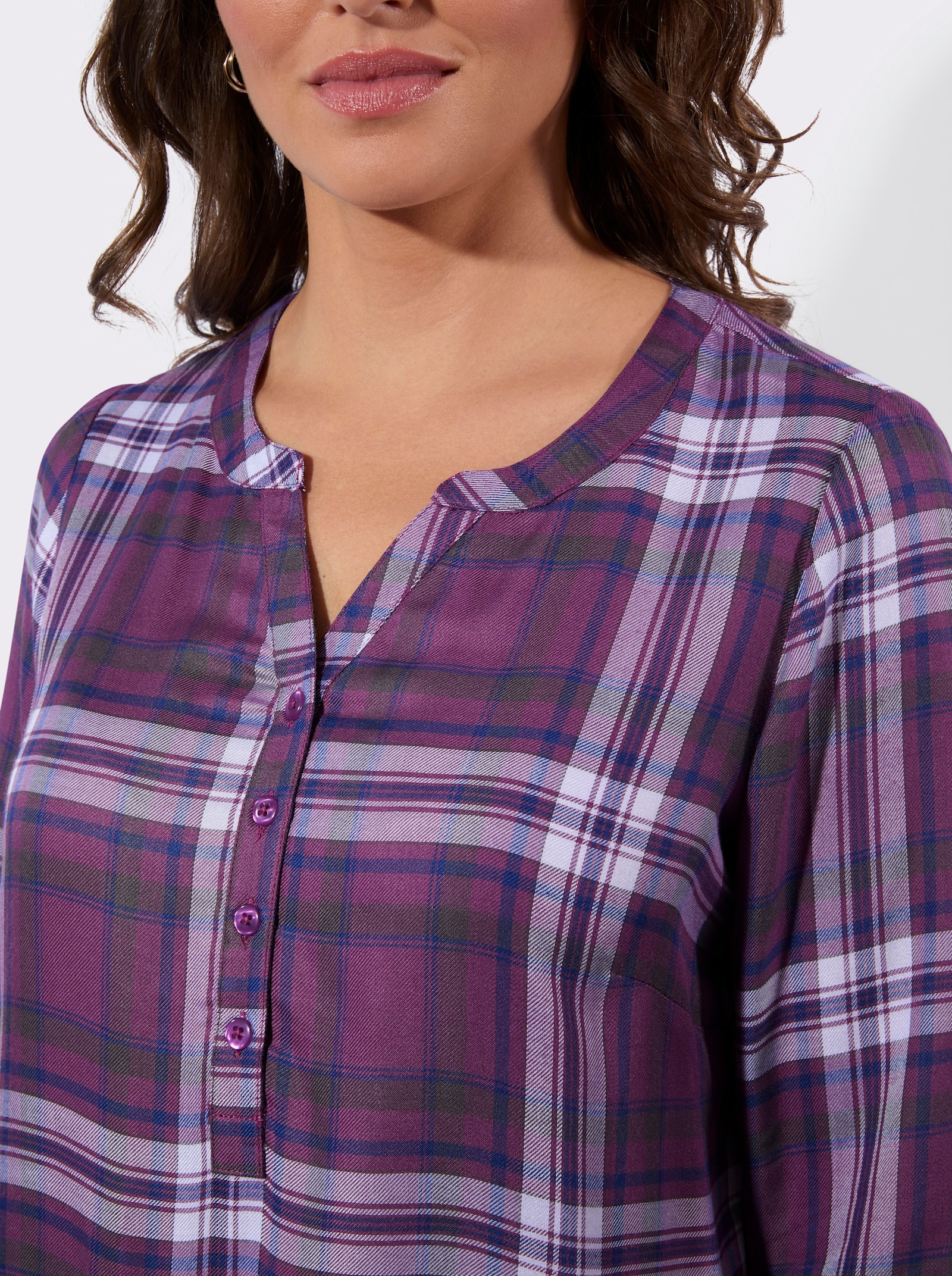 Karobluse im garngefärbten Dessin - violett-jeansblau-kariert