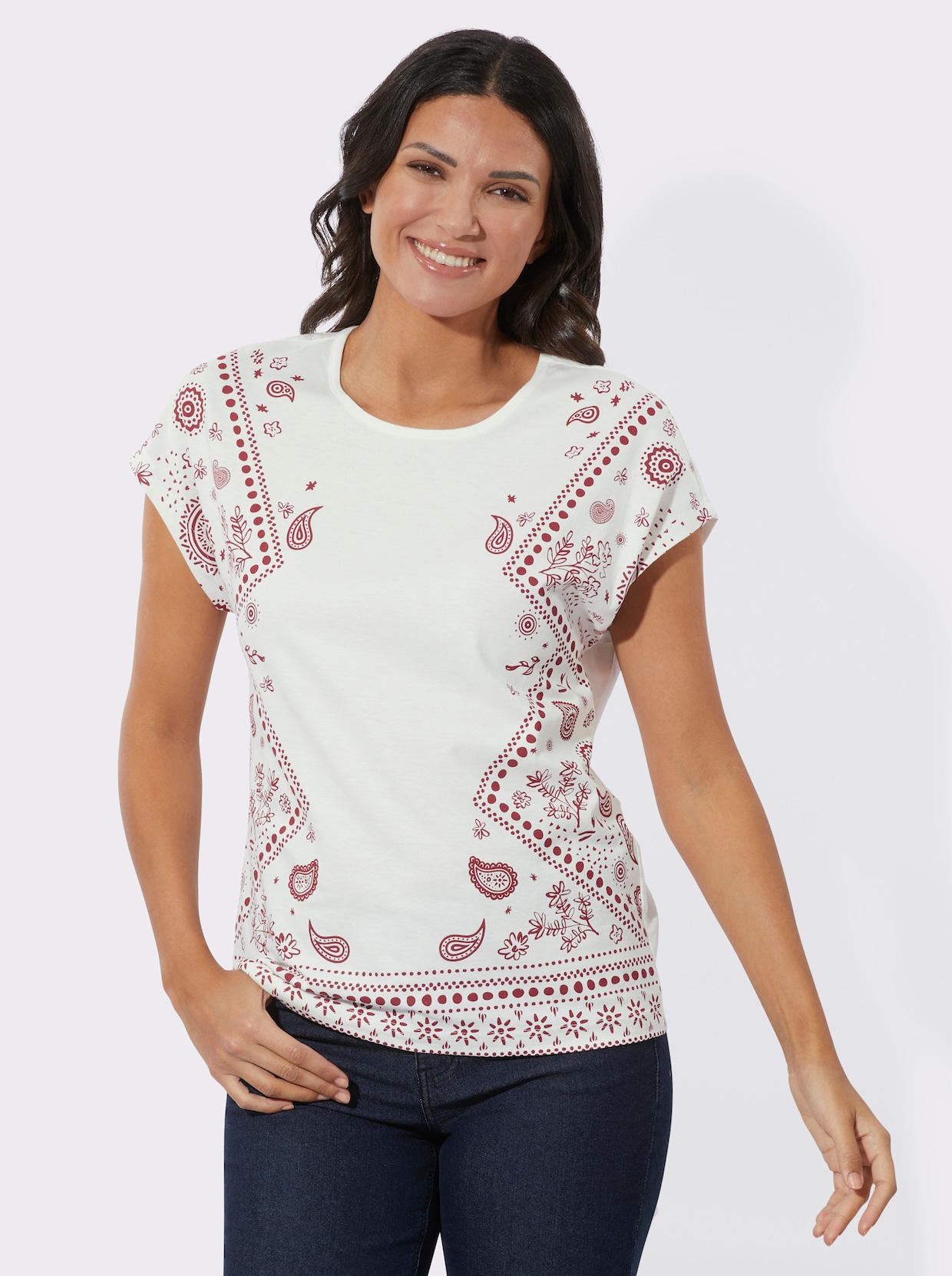 Shirt met ronde hals - ecru/donkerrood bedrukt