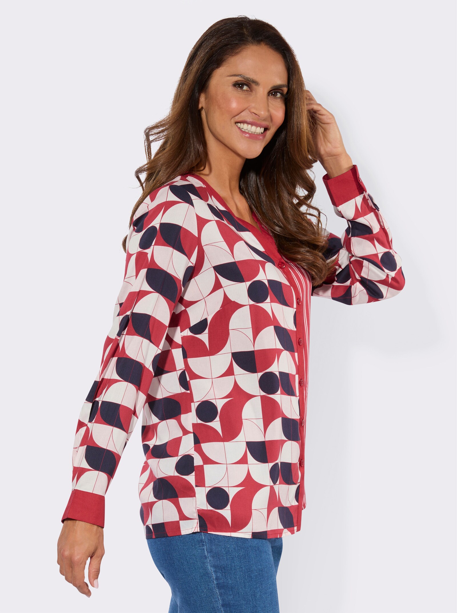Druckbluse mit Kellerfalte hinten - rot-marine-bedruckt
