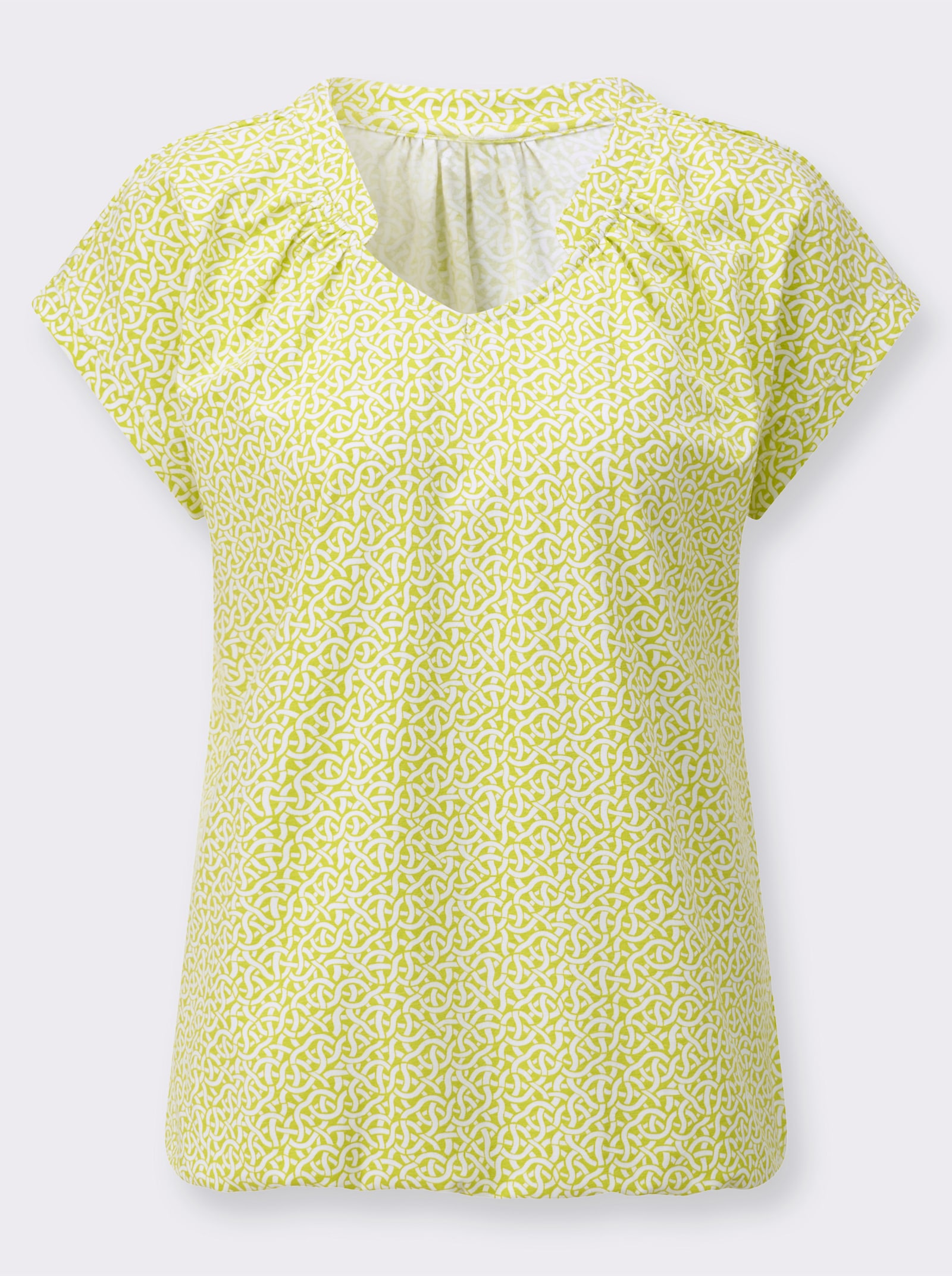 Kurzarmshirt mit kleinen Raffungen - limone-ecru-bedruckt