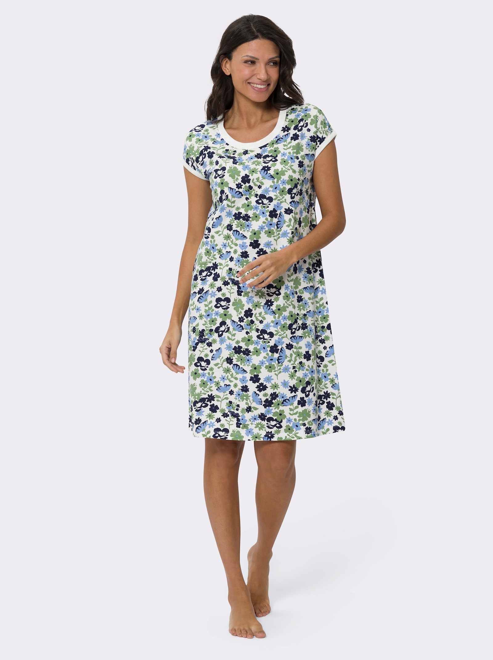 Noční košile ve střihu mírně do A, květovaná - ecru-eukalyptová-potisk