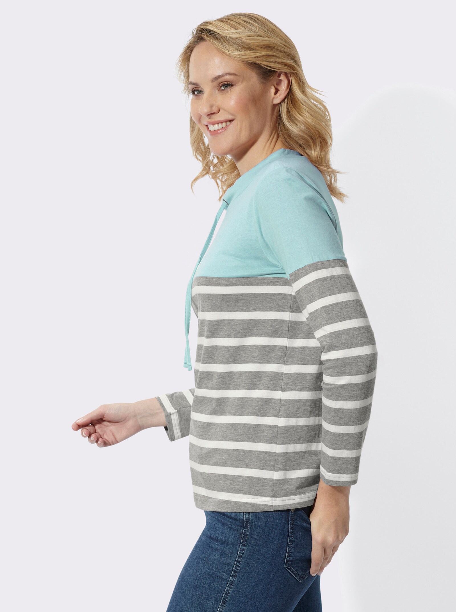 Stehkragenshirt mit Colour-Blocking - mint-grau-geringelt