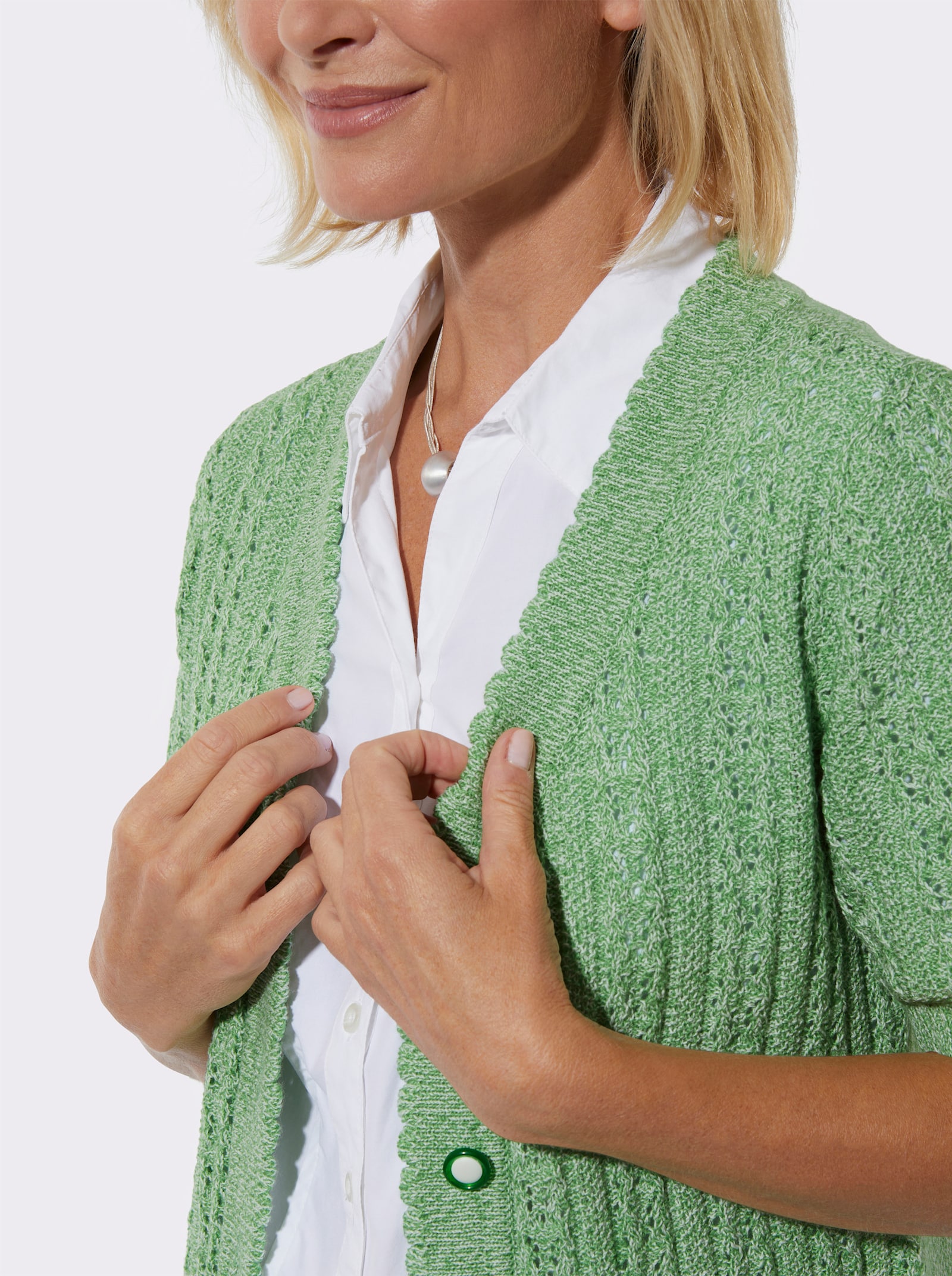 Ajourstrickjacke mit Taschen, aufgesetzt - apfel-ecru-meliert