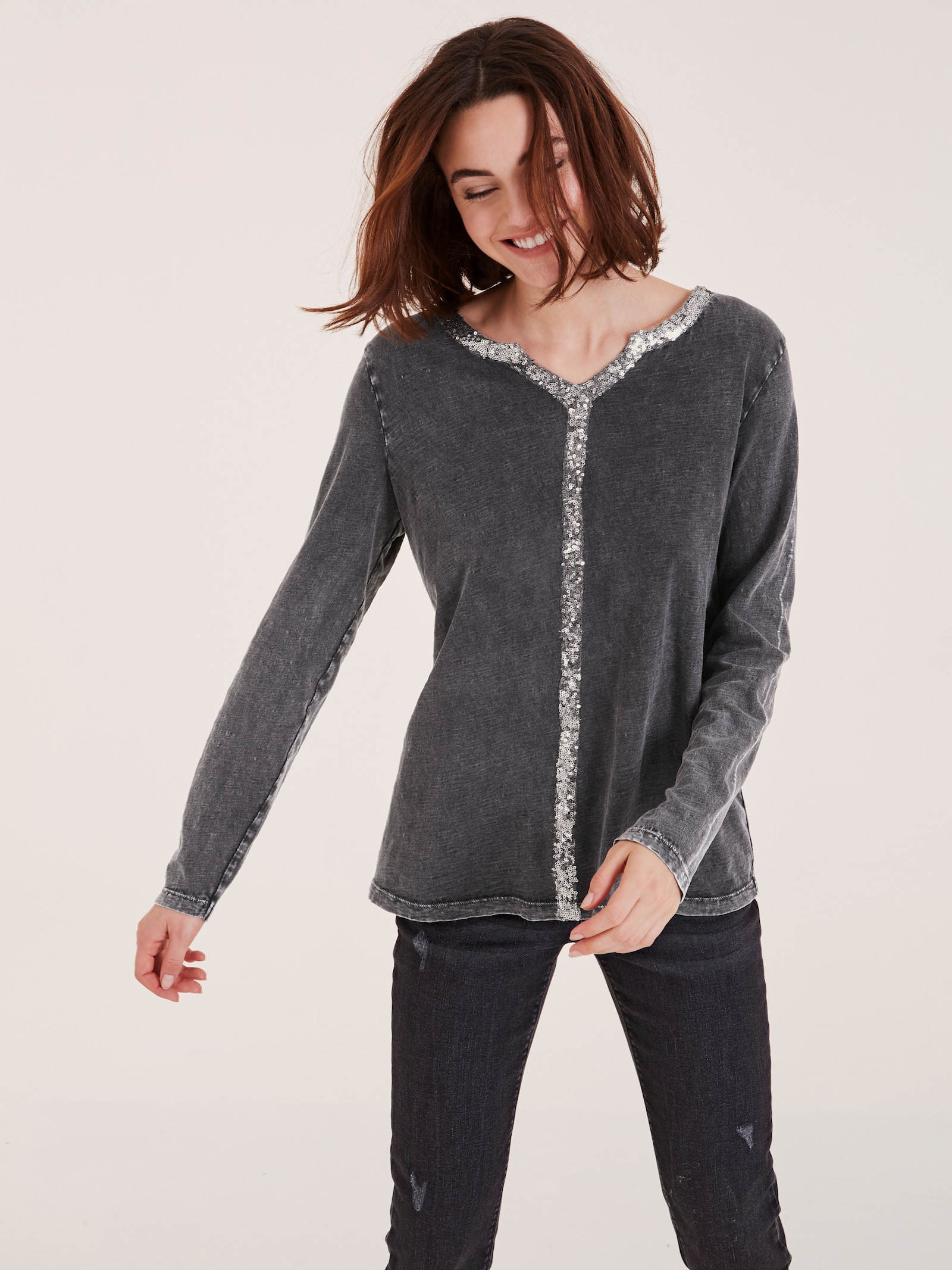 heine Langarmshirt mit Glitzerband - grau