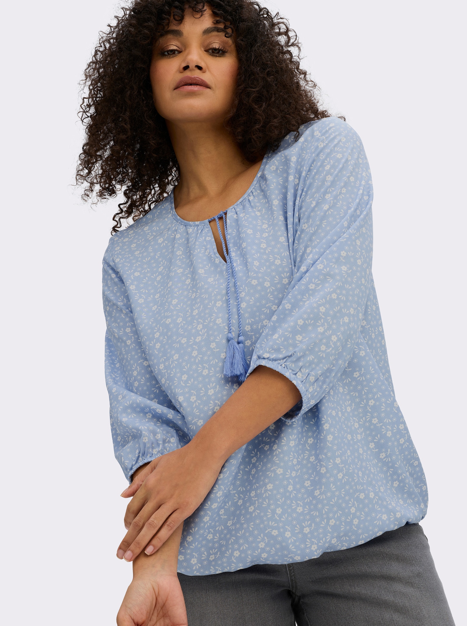 sheego Tunika mit Bindebändern - bleu-ecru-bedruckt