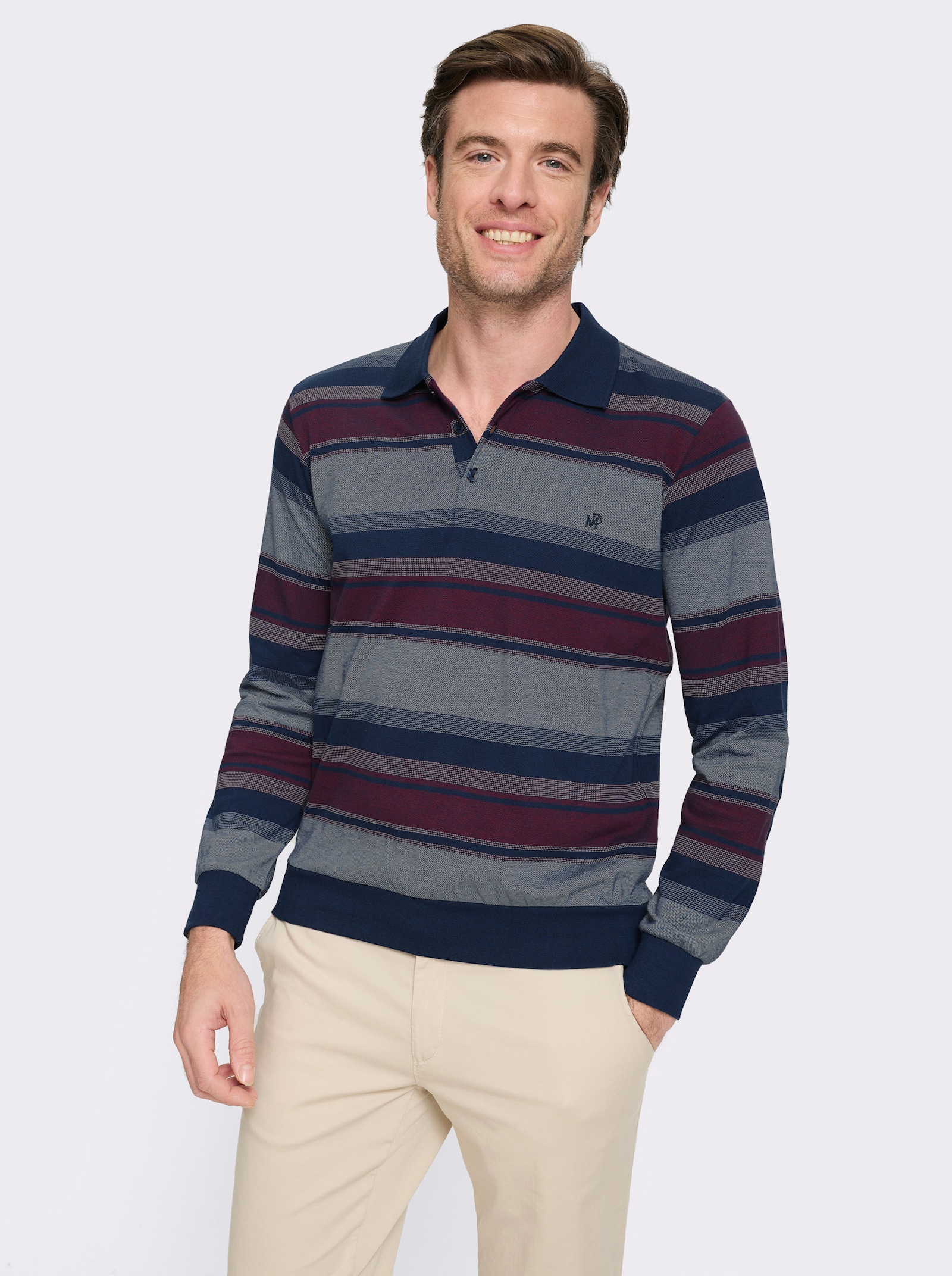 Marco Donati Langarm-Poloshirt mit Ellenbogen-Patches - dunkelblau-bordeaux-gestreift