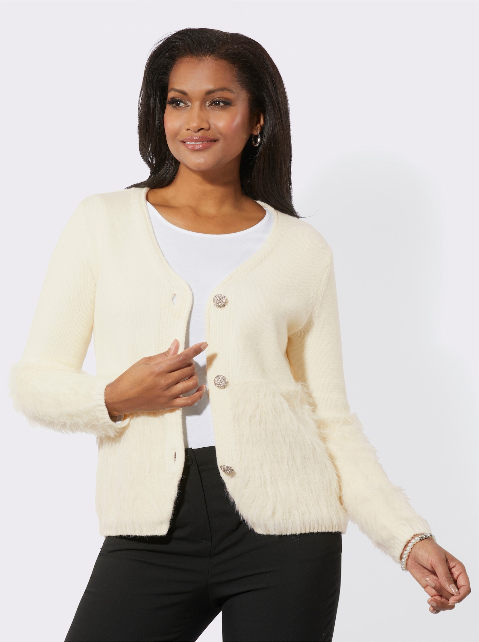 Cardigan mit Flauschgarn - champagner