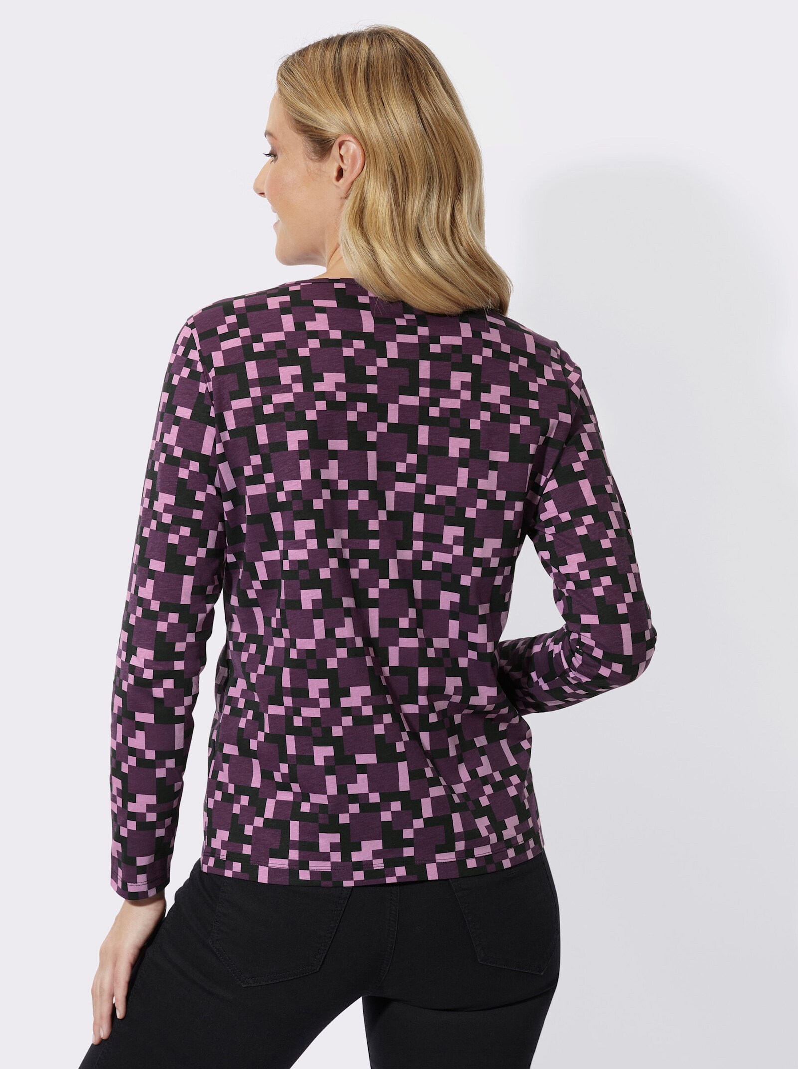 Langarmshirt mit Bindeband am Ausschnitt - traube-schwarz-bedruckt