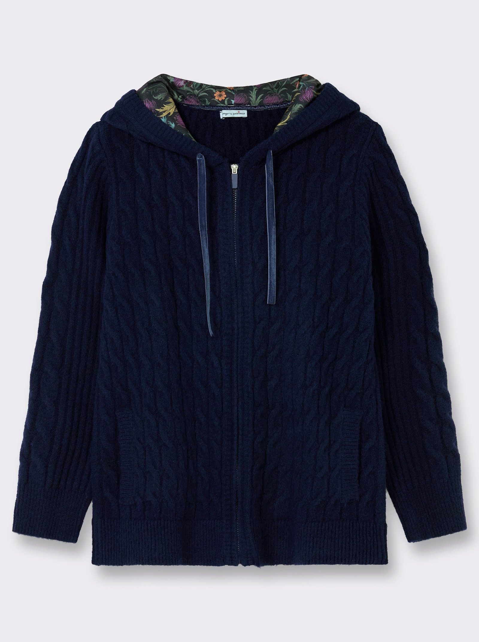 sheego by Joe Browns Strickjacke mit floralem Kapuzenfutter - marine-jeansblau-meliert