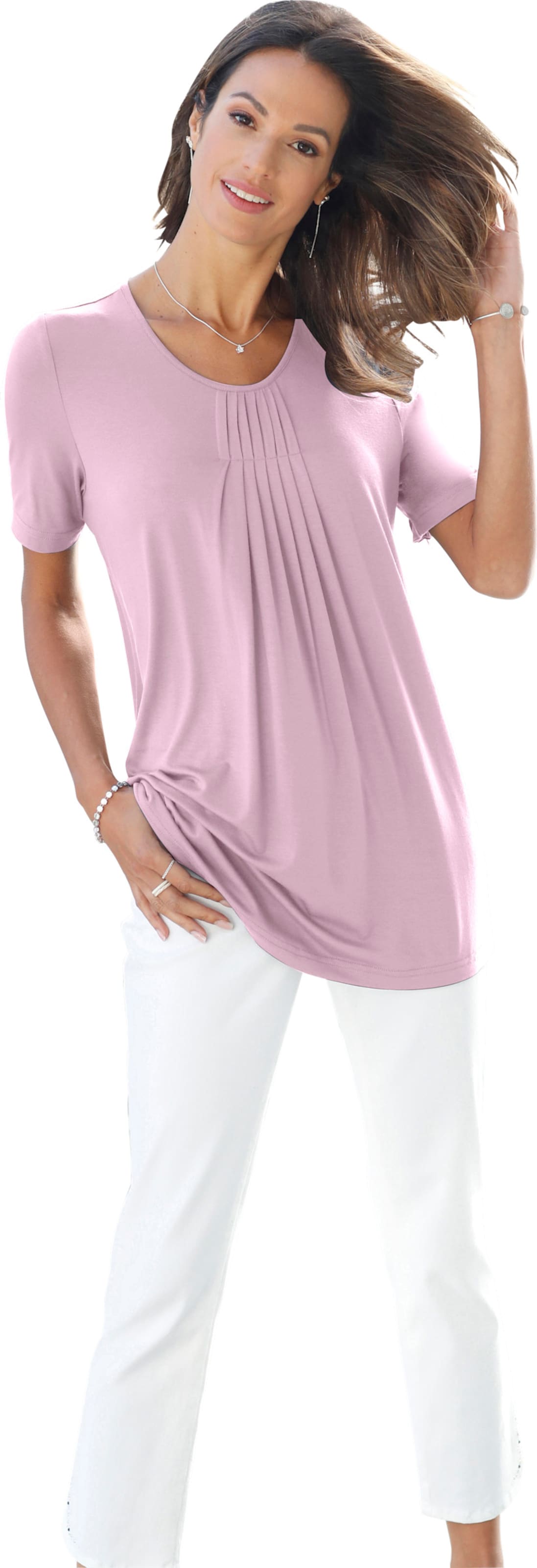 Seite im günstig Kaufen-Rundhalsshirt in rosé von heine. Rundhalsshirt in rosé von heine <![CDATA[Wenn Sie Mode mögen, die Ihre schönsten Seiten zur Geltung bringt, werden Sie dieses Shirt lieben! Die Figurschmeichel-Details: Faltenpartie im Vorderteil, die nach unte