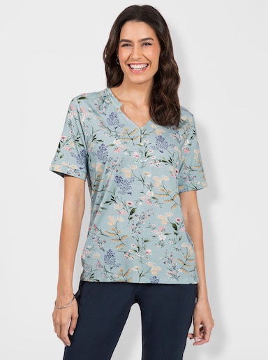 Print-Shirt mit Stehkragen und Falten-Verzierung - hellblau-bedruckt