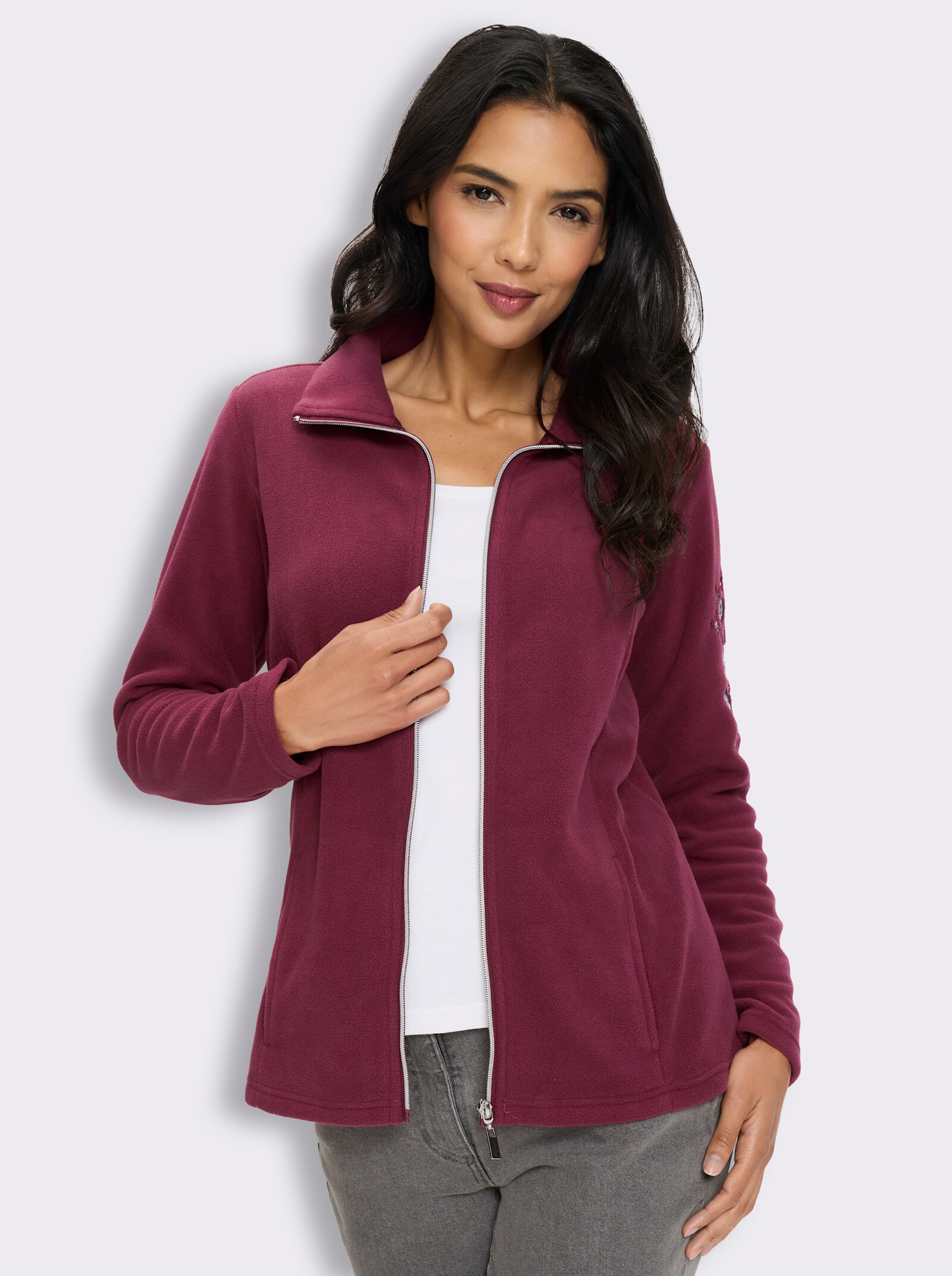 Fleecejacke mit Blütenstickerei - bordeaux