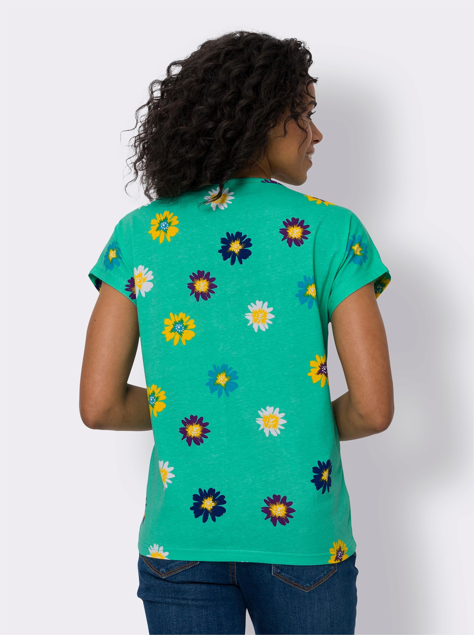 Kurzarmshirt aus Baumwolle, geblümt - blaugrün-weiß-bedruckt