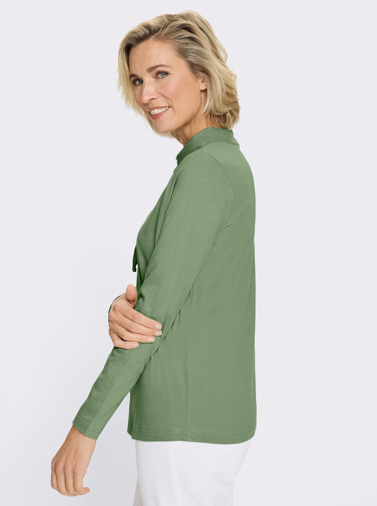 Langarmshirt mit Bindeband am Ausschnitt - eucalyptus