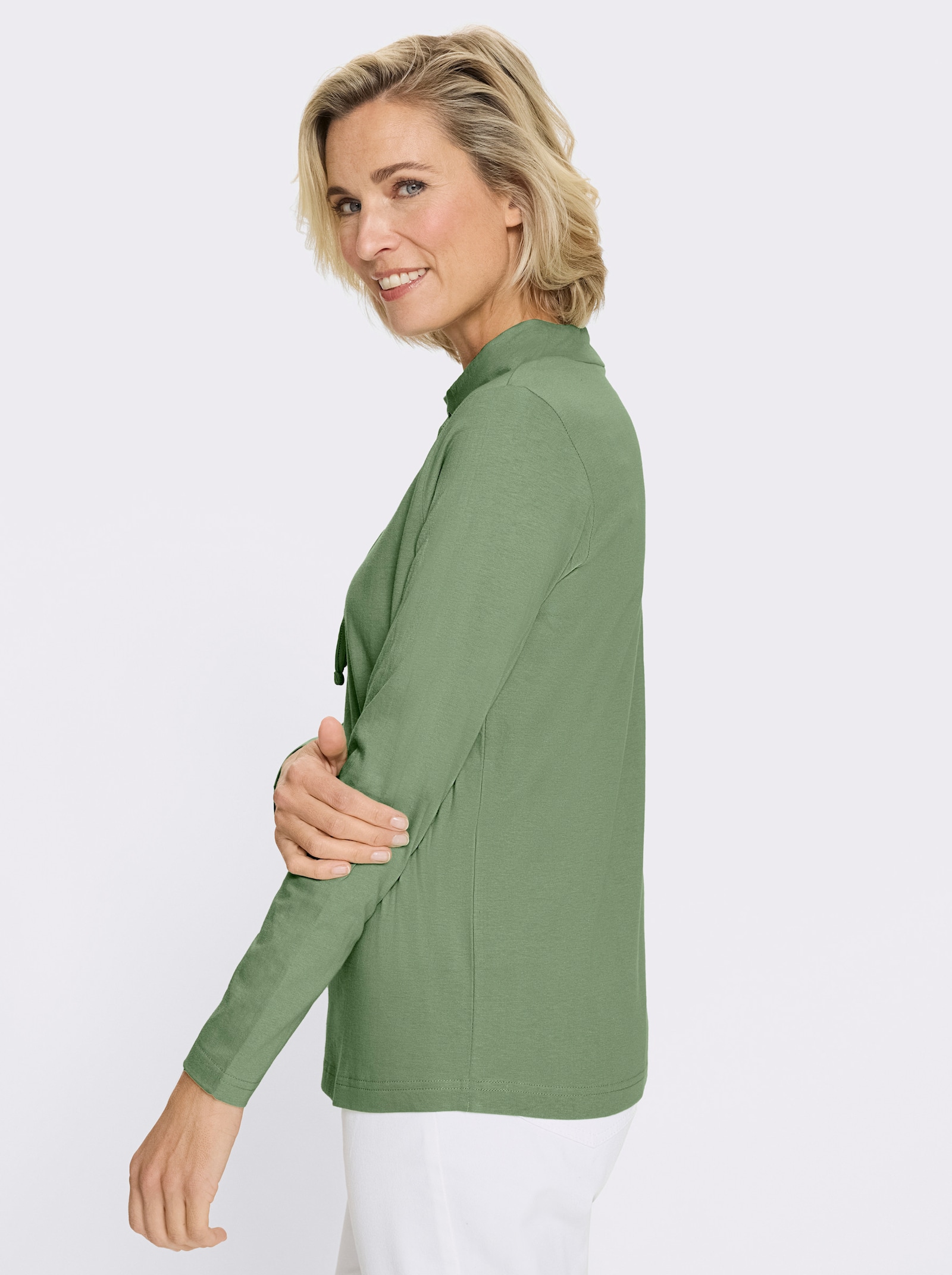 Langarmshirt mit Bindeband am Ausschnitt - eucalyptus