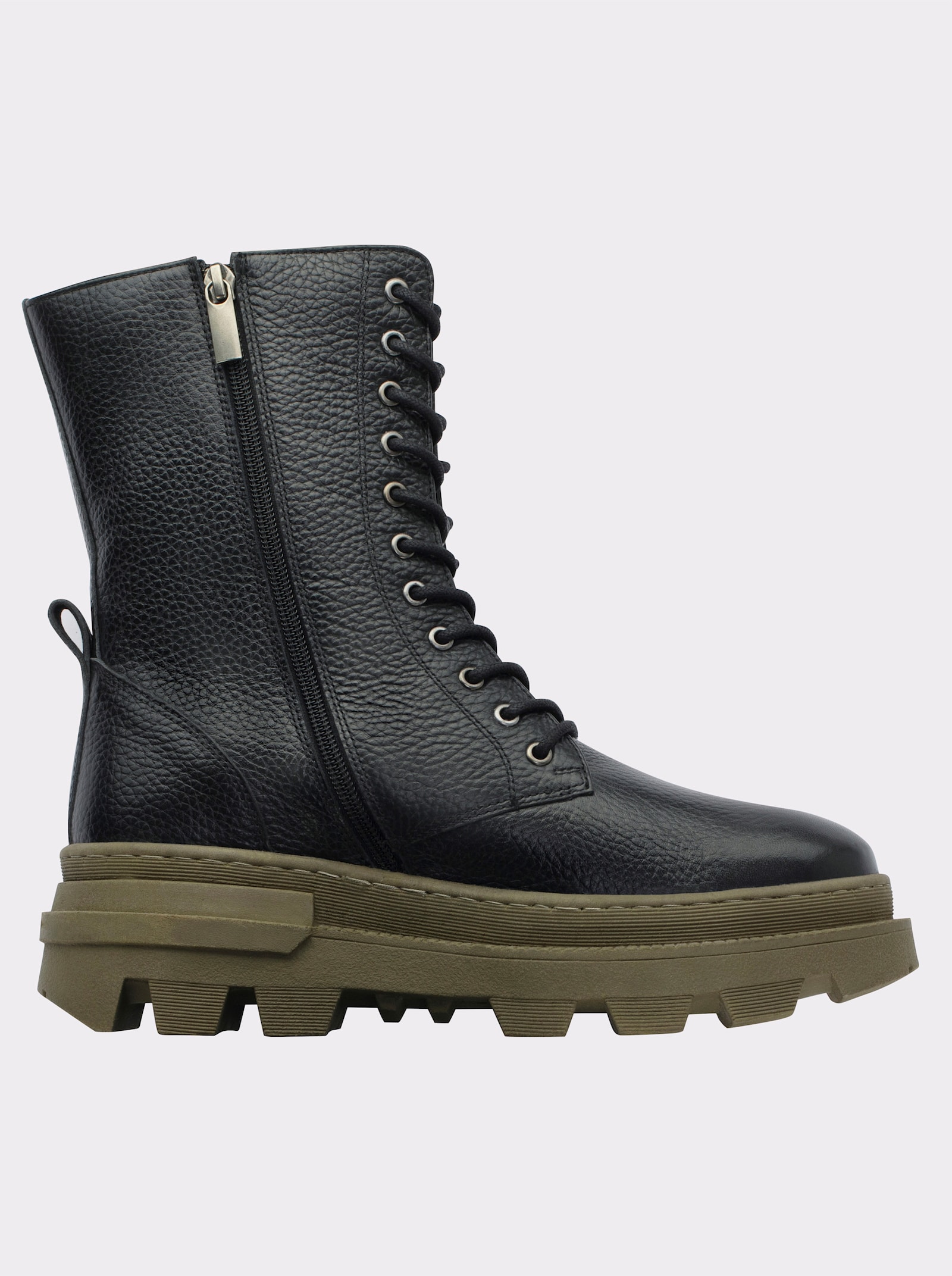 sheego Stiefelette mit Schnürung - schwarz-khaki