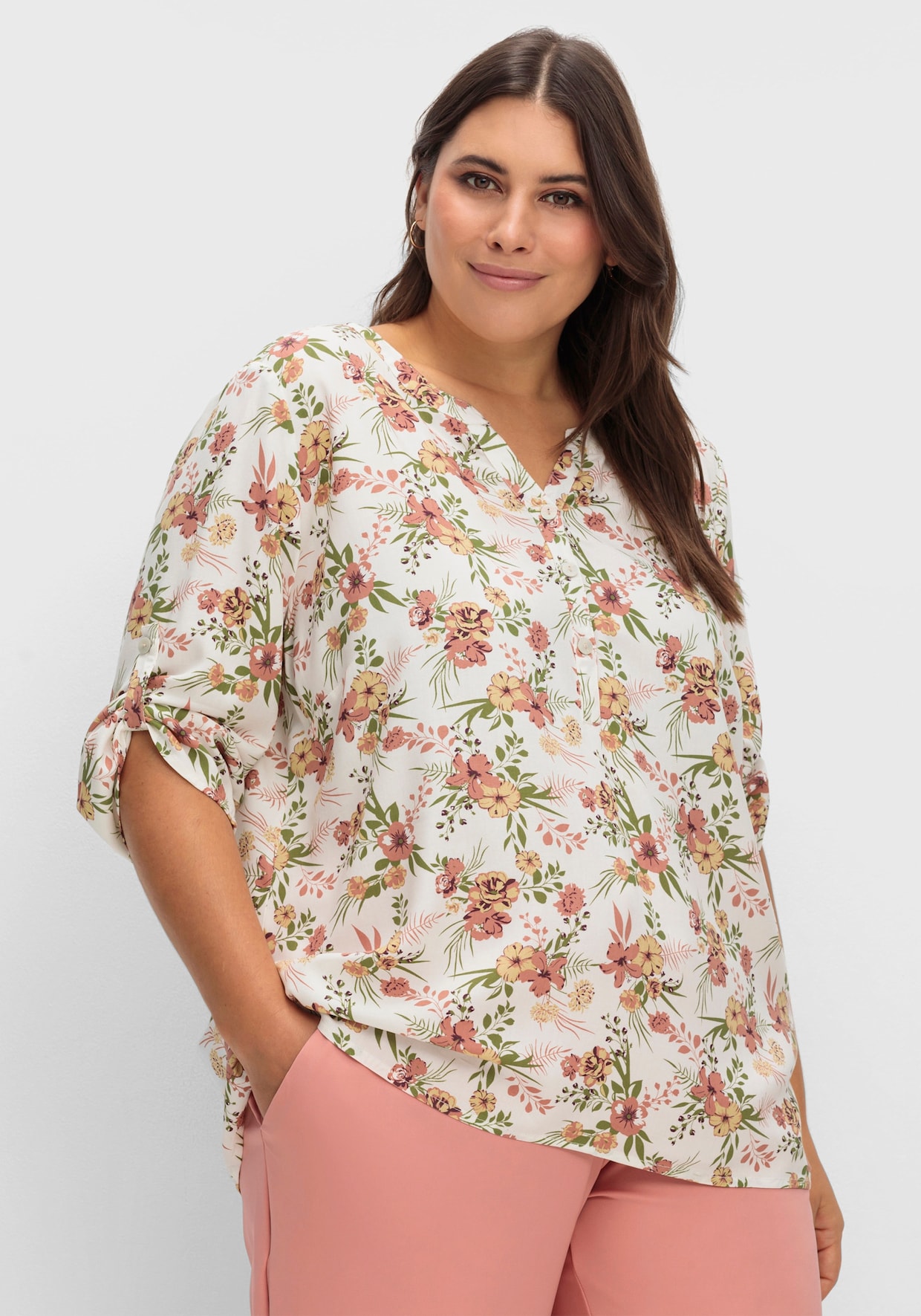 Druckbluse - ecru-khaki-bedruckt