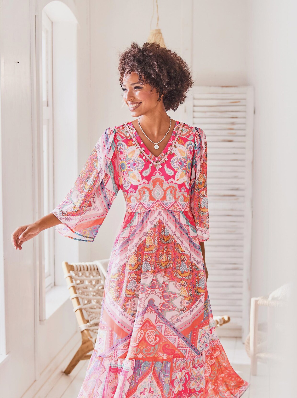 Linea Tesini Druck-Kleid - ecru-rosenquarz-bedruckt