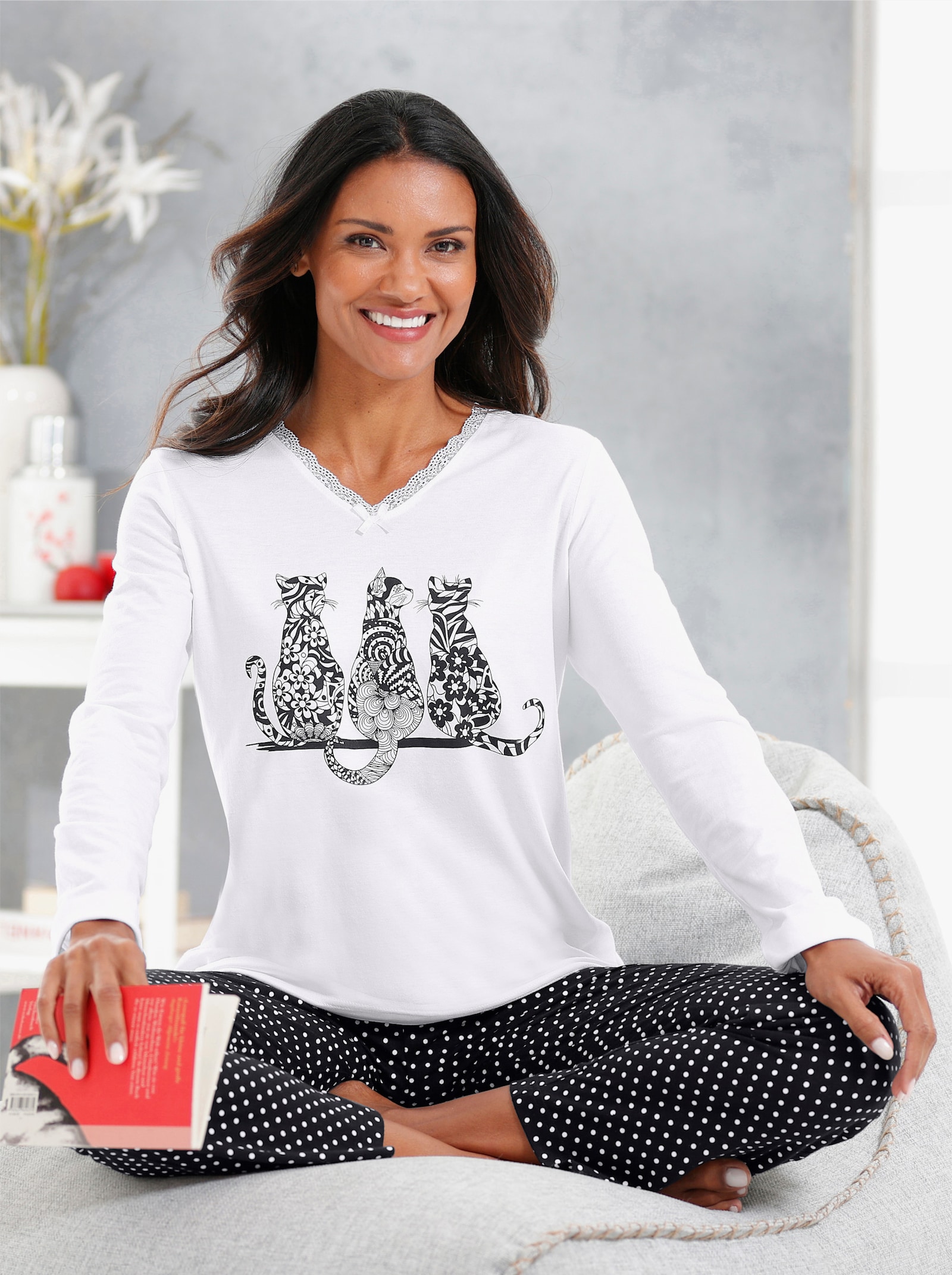 wäschepur Pyjama avec motif chats - noir-blanc imprimé