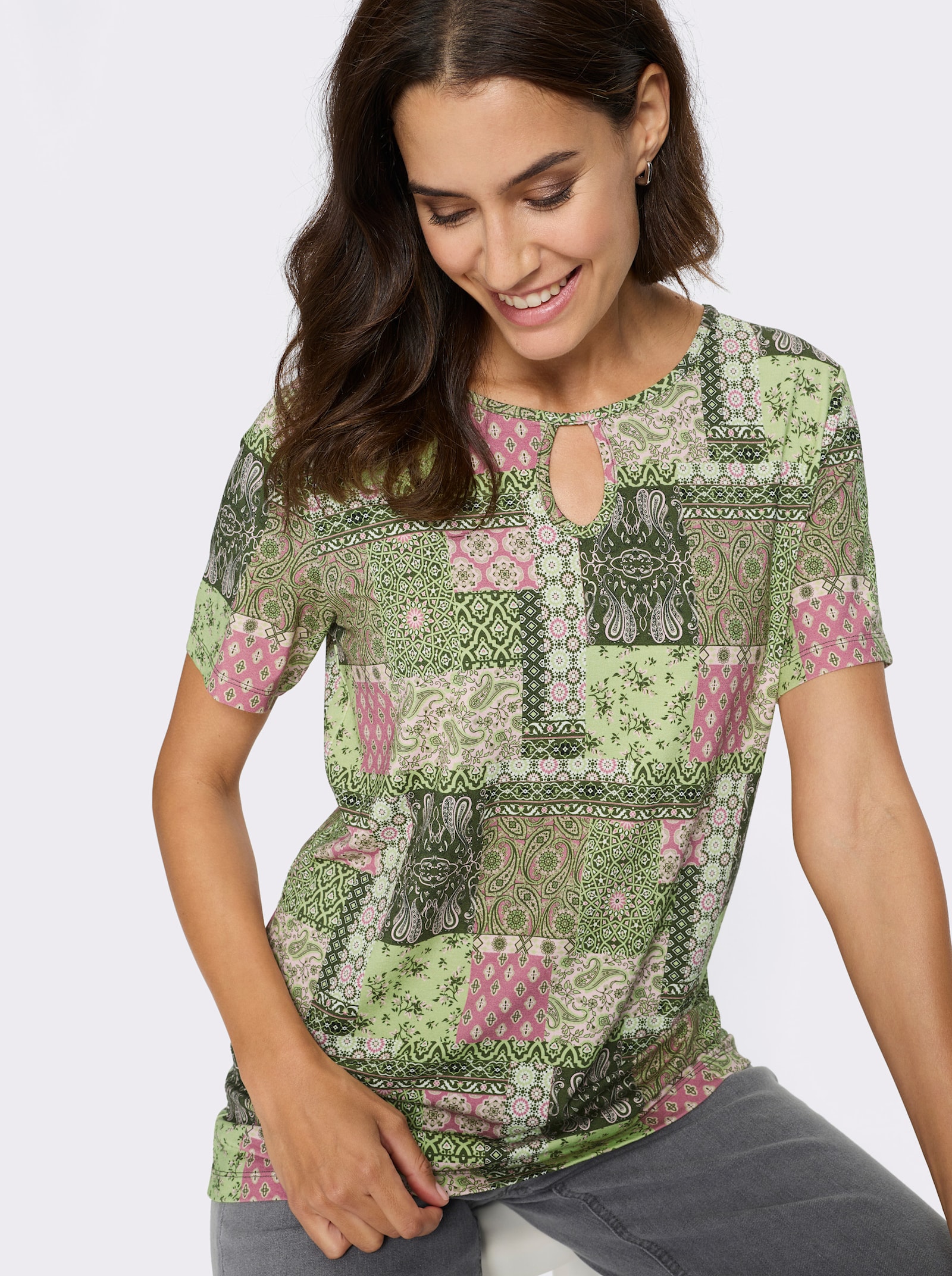 Tunikashirt mit Tropfen-Ausschnitt - altrosa-oliv-bedruckt