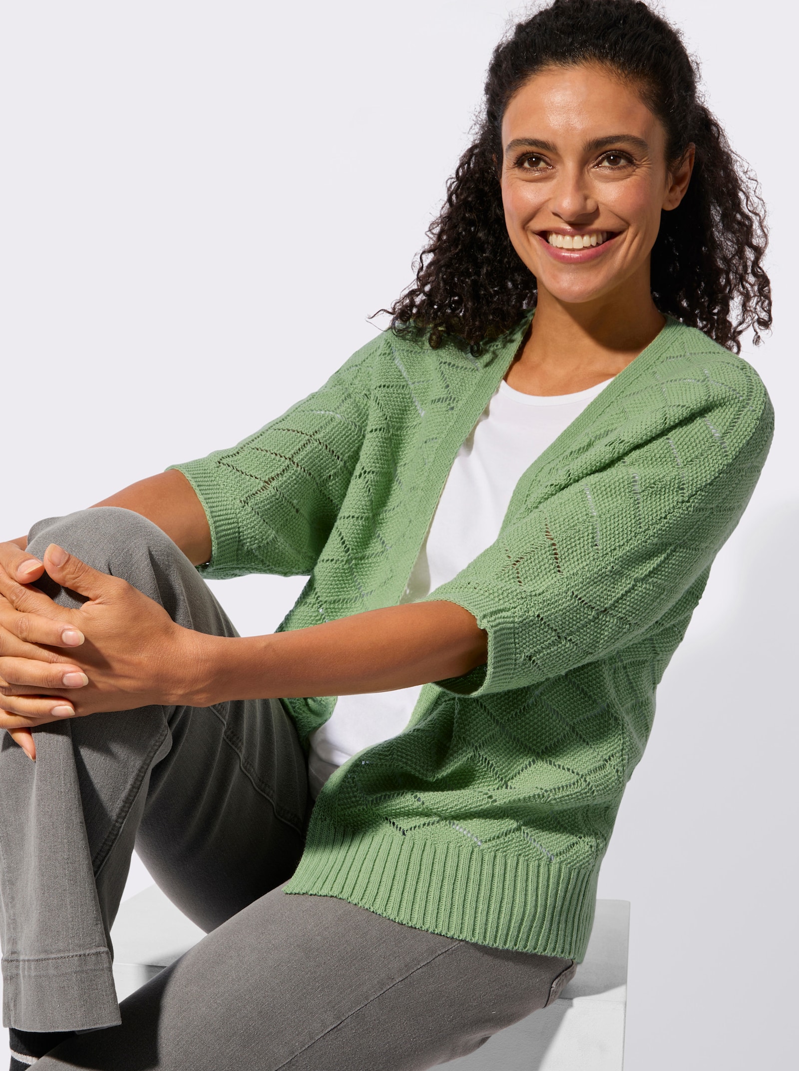 Ajourstrickjacke mit Fledermausärmeln - eucalyptus