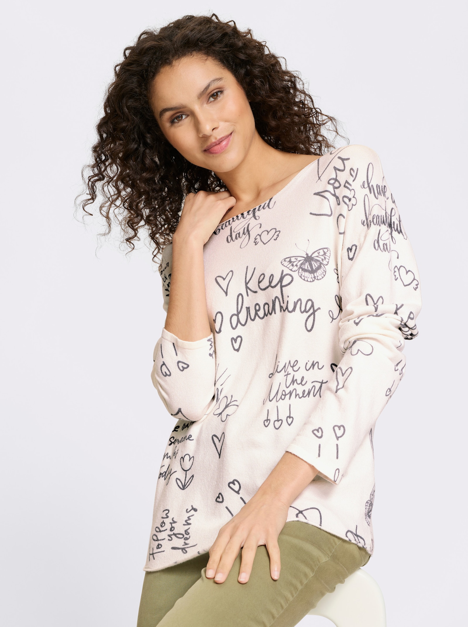 heine Feinstrickpullover mit Schrift-Print - ecru-anthrazit-bedruckt