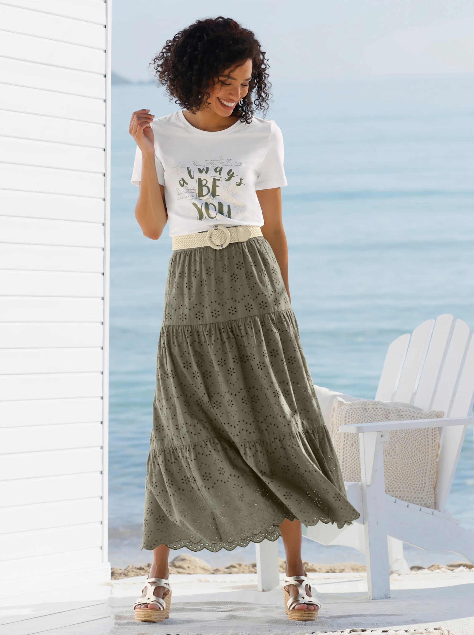 heine Kurzarmshirt mit glänzendem Schriftzug - ecru